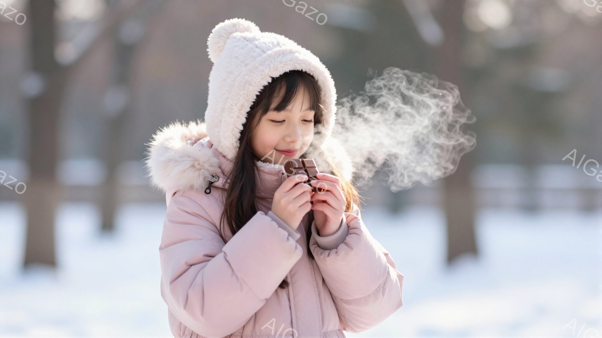 雪景色の中で、ピンク色のダウンジャケットを着た少女がチョコレートを両手で抱えています。白いニット帽を被り、少し目を閉じ、暖かなチョコレートの蒸気を楽しんでいる様子が伺えます。背景には雪に覆われた木々がぼんやりと見え、穏やかで幻想的な雰囲気を醸し出しています。