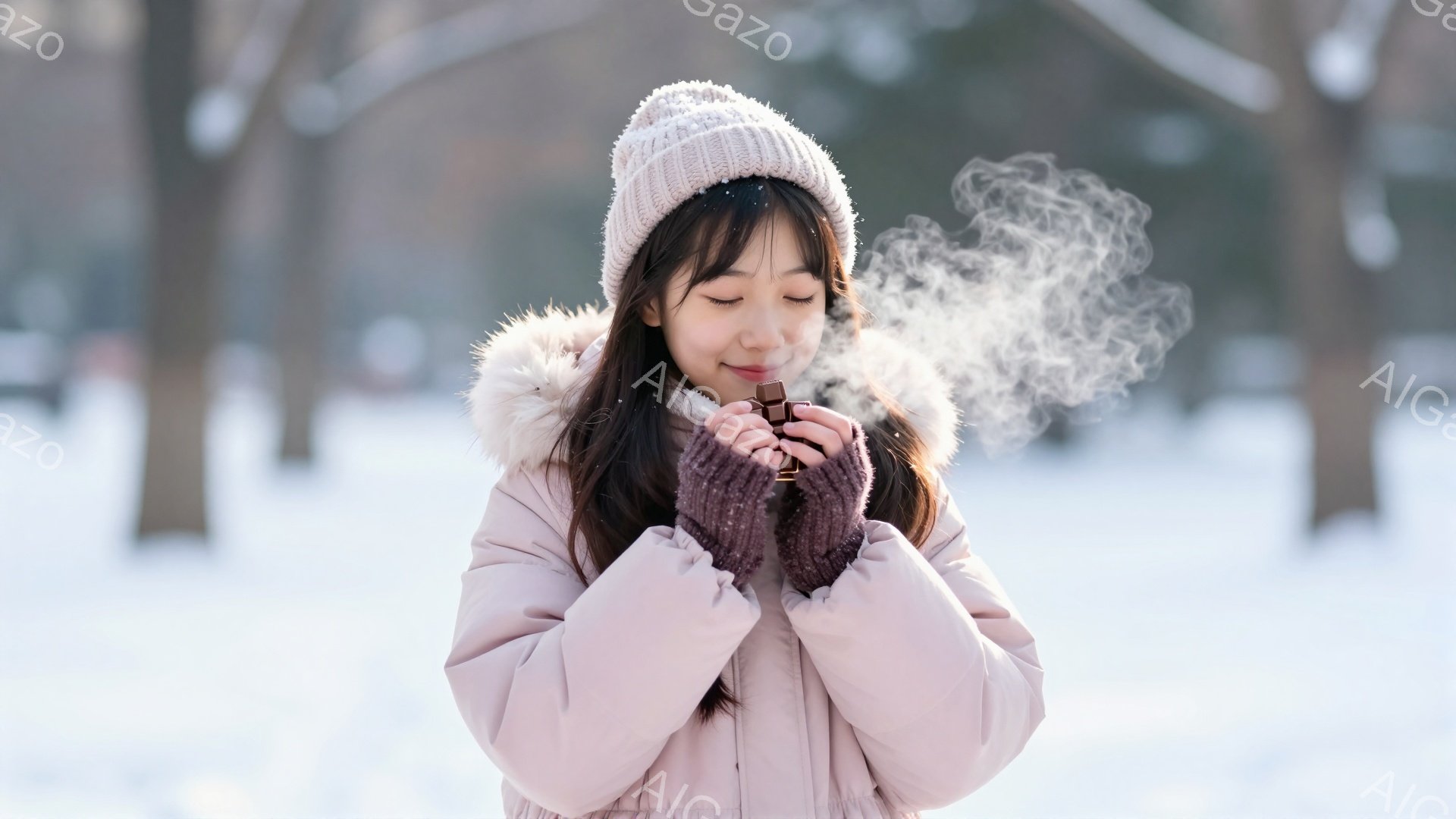 少女はピンク色のダウンジャケットとニット帽を着用し、両手を合わせて何か温かいものを抱えています。彼女の目は閉じており、微笑んでいるように見え、ほのかな湯気が立ち上っています。背景は雪景色で、木々が白く覆われており、寒い冬の日の暖かさを表現した穏やかな雰囲気です。