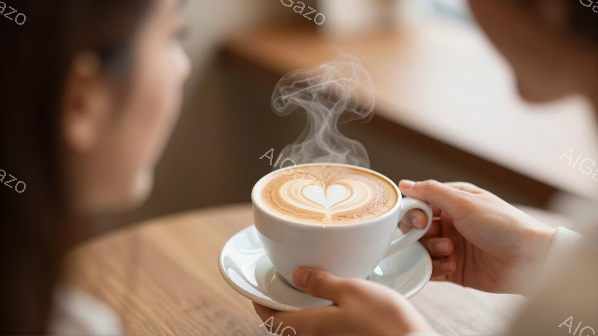 温かいコーヒーが、白いカップとソーサーに乗って手前に掲げられている。湯気が立ち上り、ラテアートで描かれたハートがコーヒーの表面に浮かび、穏やかな雰囲気を醸し出している。背景はぼやけており、カフェのような木製のテーブルが見え、リラックスした時間が流れていることがうかがえる。