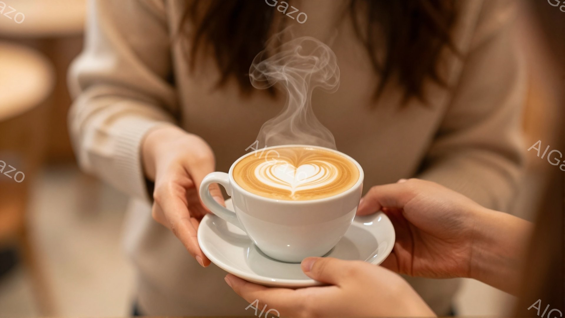 温かい飲み物が入った白いカップが、二人の手の間で優しく支えられています。カップからは湯気が立ち上り、ラテアートで描かれたハートが目を引きます。背景はぼやけており、暖かい雰囲気を醸し出しています。