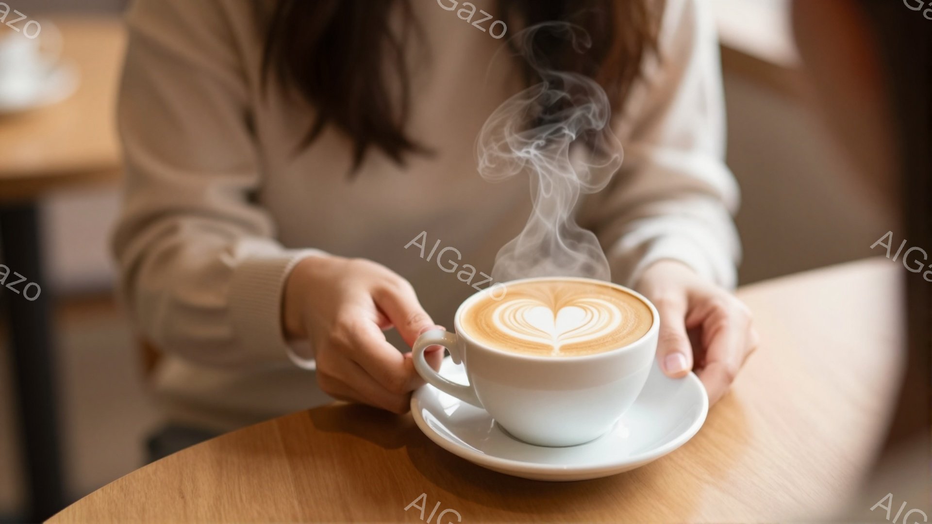 明るい色のセーターを着た女性が、白くて丸いソーサーに乗ったラテを両手で持っています。湯気が立ち上り、コーヒーの表面にはハートのラテアートが描かれています。木製のテーブルが背景に見え、温かくリラックスし - AI生成フリー素材