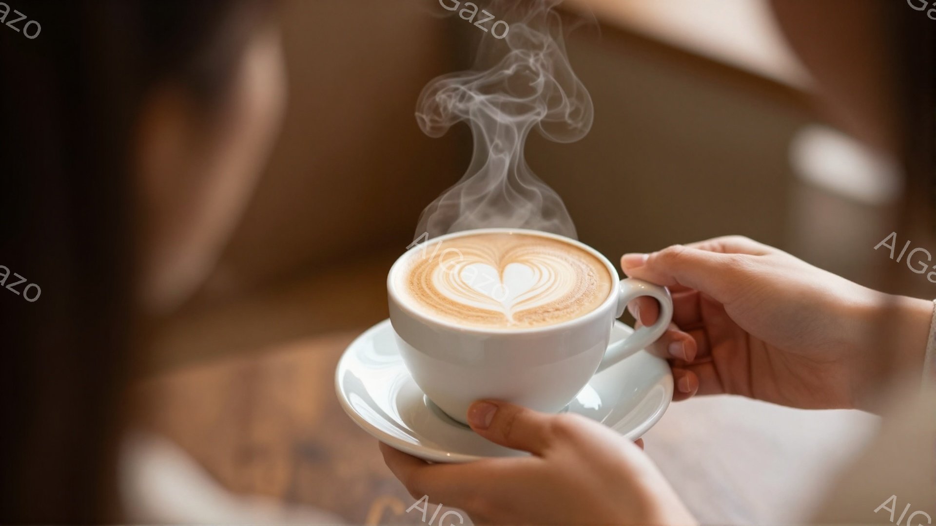 温かい飲み物が盛られた白いカップが、穏やかな光の中で両手で抱えられています。カップの中には、ハートの模様が描かれた泡立ったコーヒーまたはラテが入っており、湯気が立ち上っています。背景はぼやけており、暖かい色の室内空間であると推測され、リラックスした穏やかな雰囲気を醸し出しています。