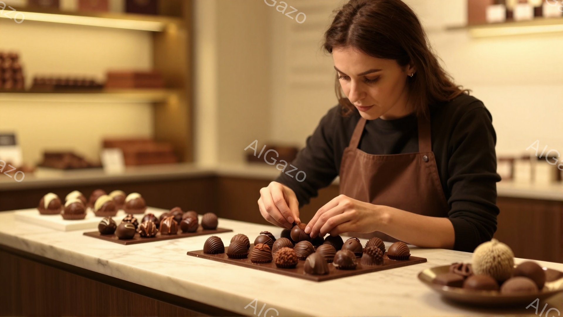 茶色のエプロンを着用した女性が、チョコレートを丁寧に盛り付けている。彼女は黒い長袖シャツを着ており、髪は後ろでまとめられている。背景にはチョコレートが並んだ棚が見え、明るい照明と白いカウンターが、上品 - AI生成フリー素材