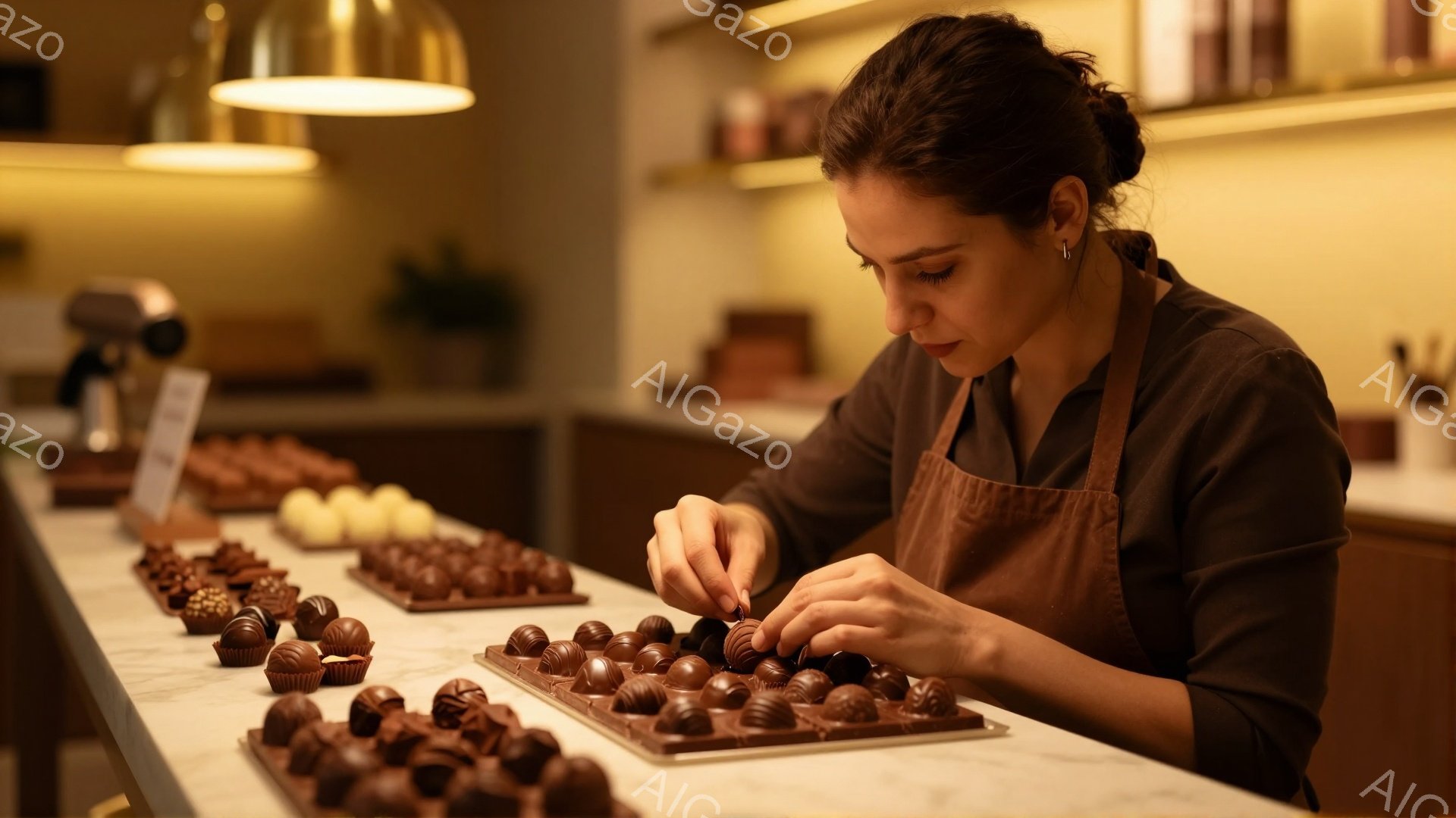 茶色のエプロンを着た女性が、白いカウンタートップの上に並んだチョコレートを丁寧に手作業で飾っています。彼女は暗い髪を後ろで束ね、集中した表情でチョコレートの一つ一つに細心の注意を払っています。背景には - AI生成フリー素材