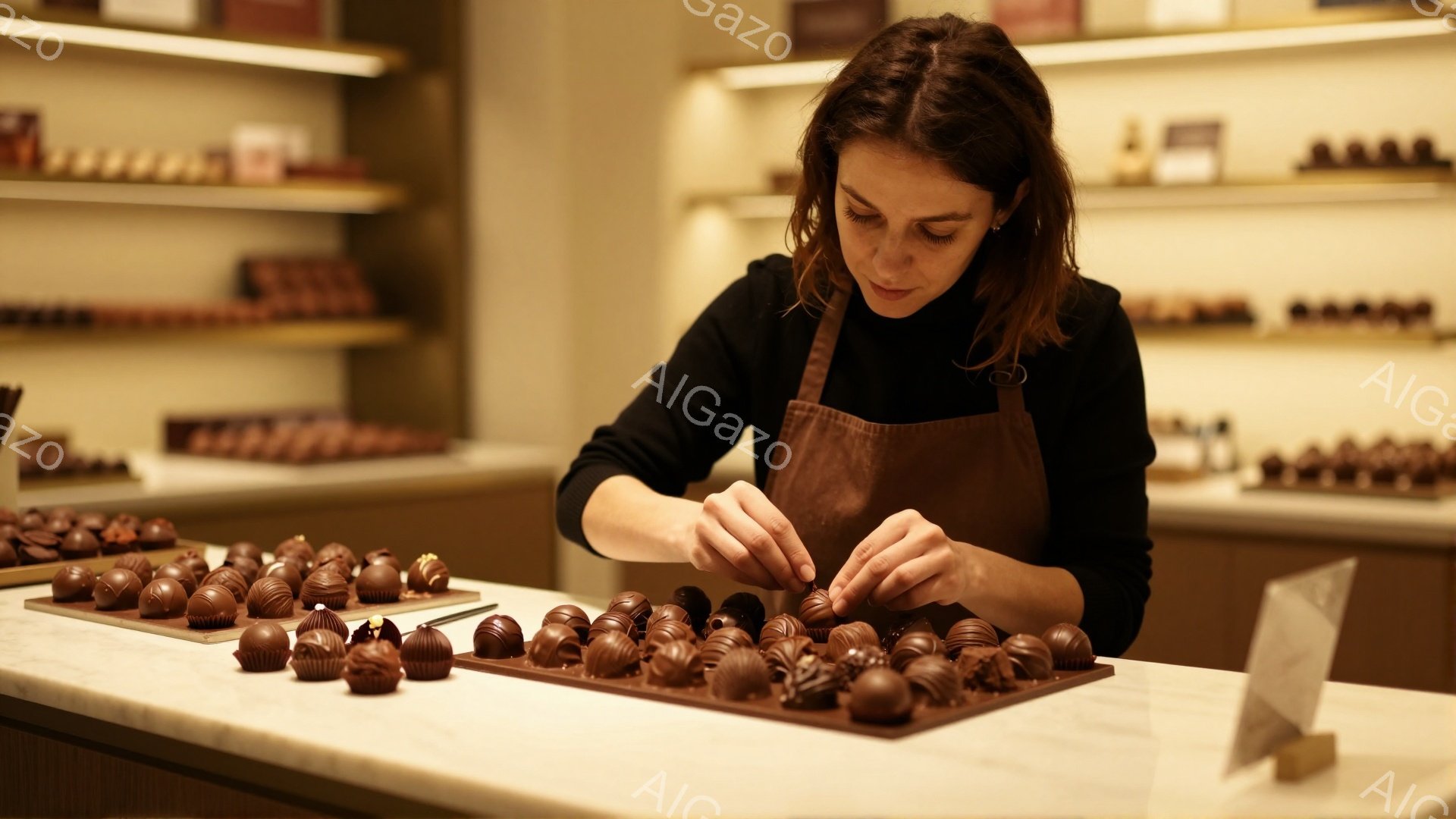 茶色のエプロンをつけた女性が、整然と並べられたチョコレートを丁寧に手作業で仕上げています。彼女はダークカラーのトップスを着ており、髪は肩のあたりでゆるくカールしています。背景にはチョコレートが並んだ棚があり、暖かく落ち着いた雰囲気の店内で作業をしている様子がうかがえます。