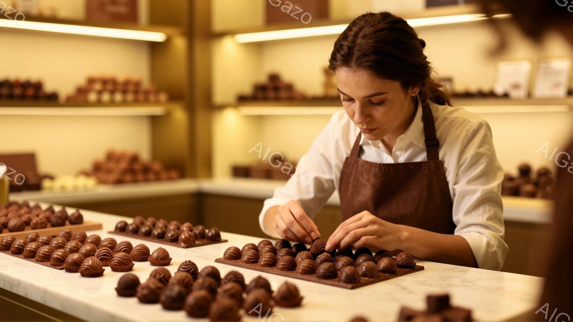 茶色いエプロンを着用した女性が、白いカウンターの上に並べられたチョコレートを丁寧に手作業で仕上げています。彼女は長い茶髪を後ろでまとめ、集中した表情でチョコレートの配置を調整しています。背景には、大量のチョコレートが整然と並んだ棚が見え、明るく清潔感のある工房の雰囲気が漂っています。