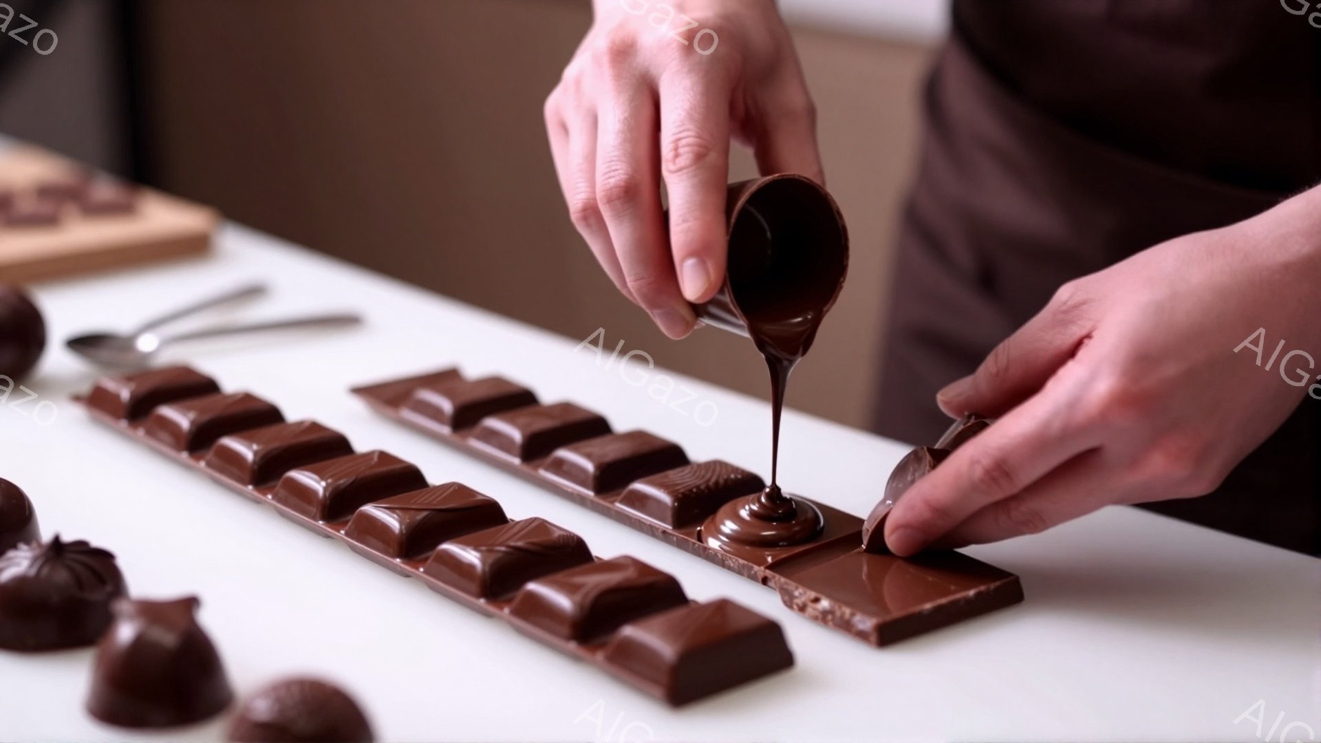 チョコレート製造の様子を捉えた画像です。作業者は茶色の制服を着ており、型に入れられたチョコレートに溶かしたチョコレートを注ぎ込んでいます。背景は白く、他のチョコレート製品が置かれており、全体的に暖かく落ち着いた雰囲気です。