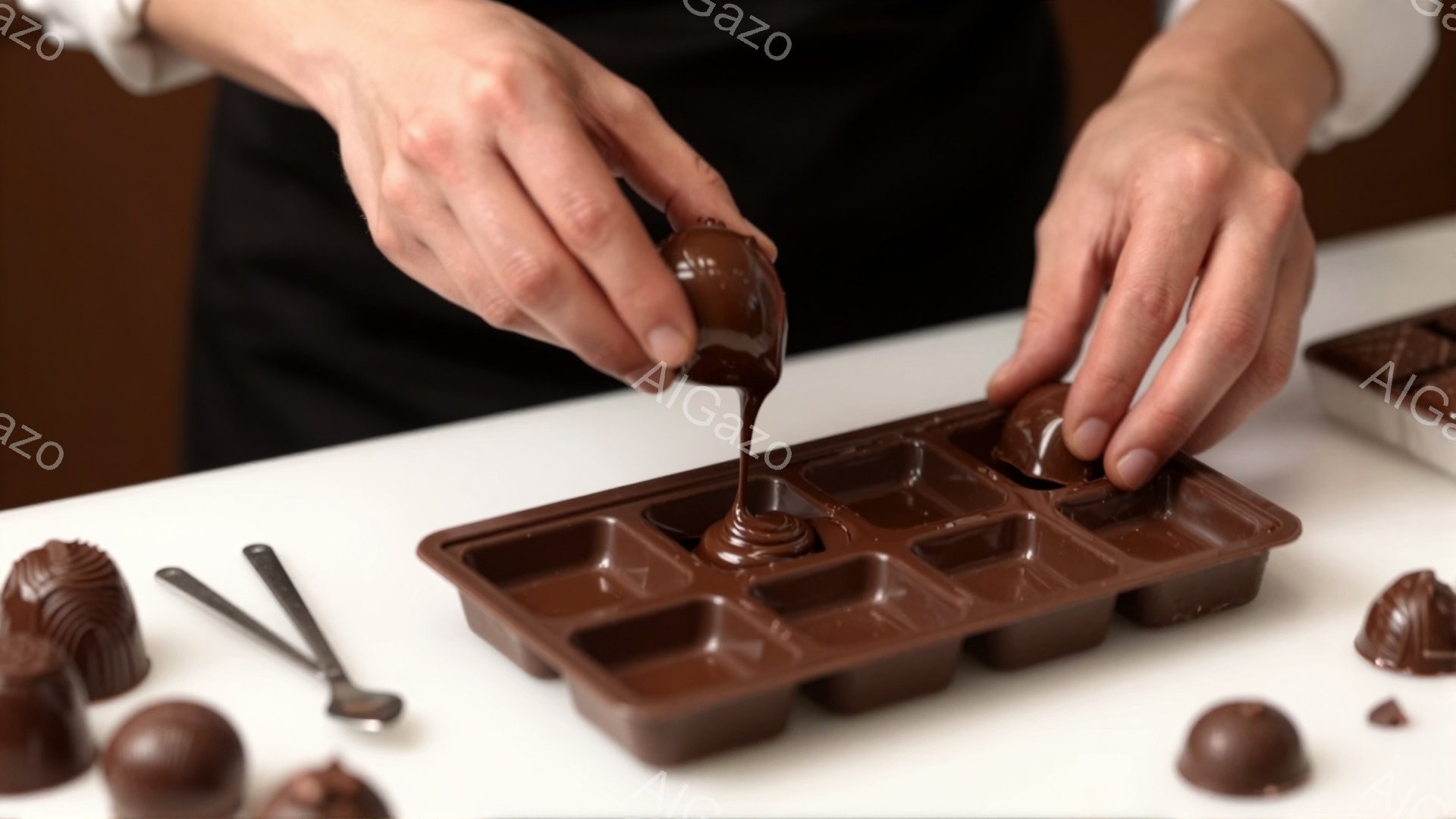 白い作業台の上で、溶けたチョコレートを型に流し込む作業風景が見える。茶色のエプロンをつけた人の手がチョコレートを操作しており、周囲には完成したチョコレートやチョコレートを混ぜるための道具が散らばってい - AI生成フリー素材