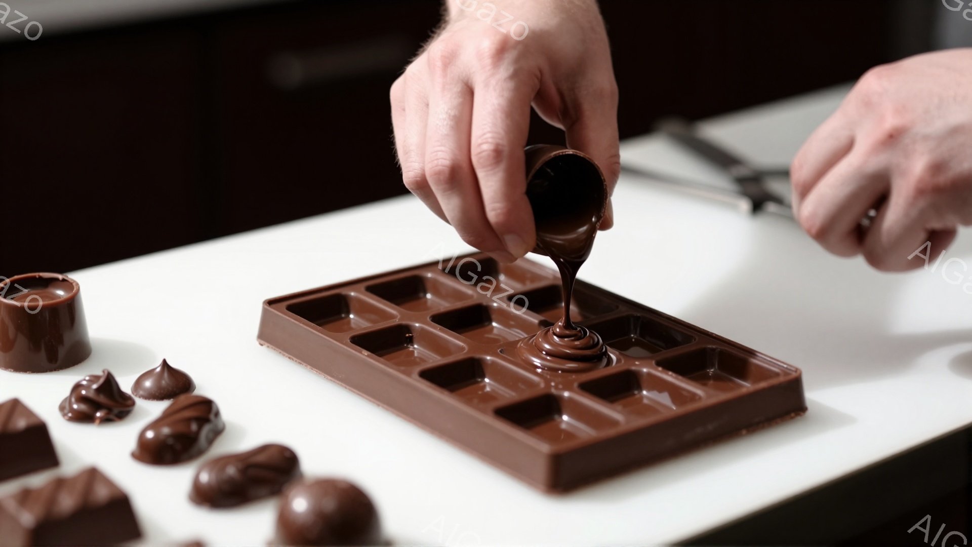 チョコレート製造の様子が捉えられています。溶けたチョコレートを型に流し込む男性の手が写っており、周囲にはすでにいくつか出来上がったチョコレートの形が見えます。背景は白く、チョコレートの茶色が際立ち、プロフェッショナルな雰囲気です。