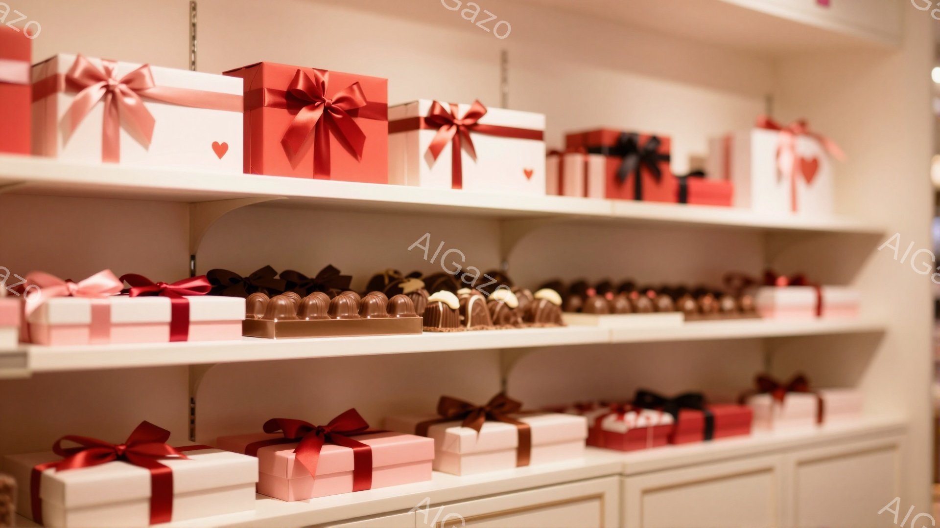 白い棚に、ピンクと赤色のリボンで飾られたギフトボックスが整然と並べられています。ギフトボックスの隣には、チョコレートが並んだトレーが置かれ、甘いお菓子の専門店や高級チョコレート店の様子が伺えます。全体的に明るく清潔感のある空間で、特別な日の贈り物やちょっとした贅沢を求める人々に魅力的な雰囲気です。