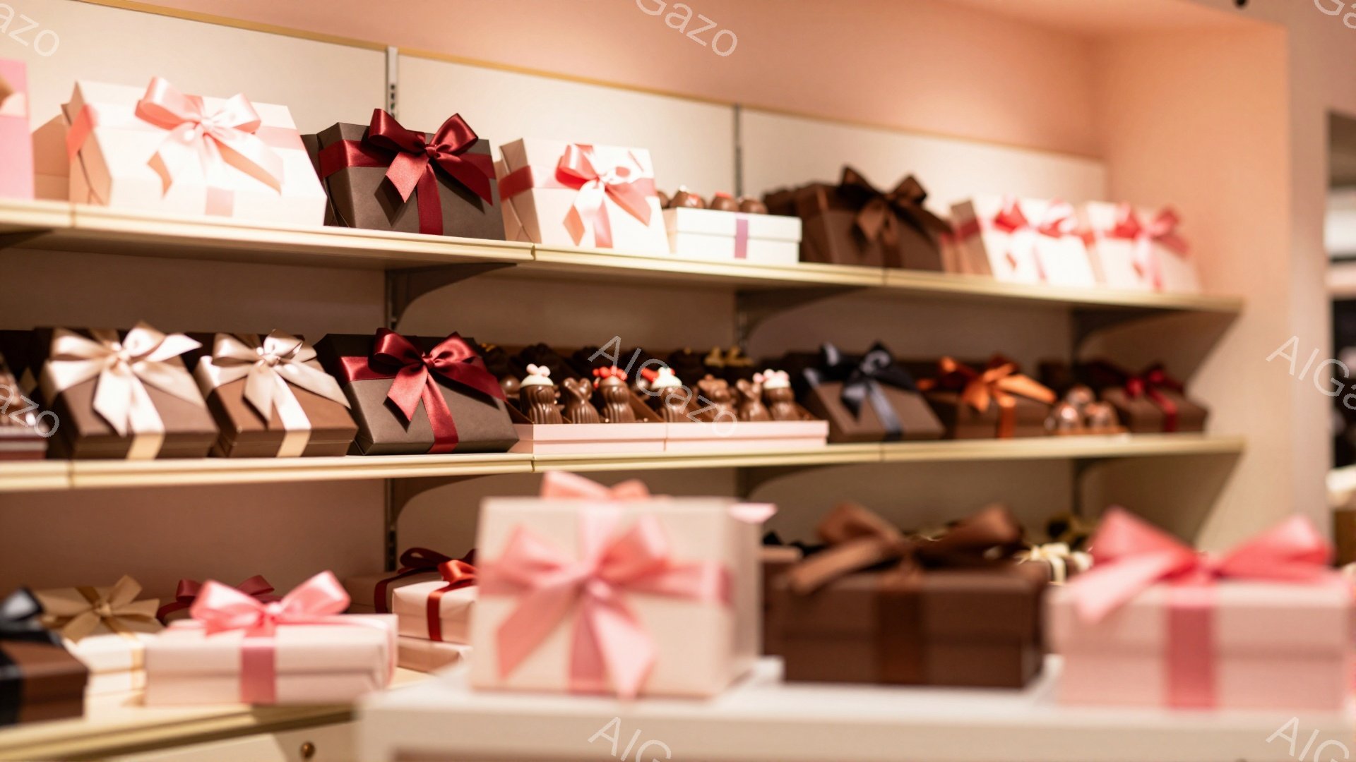 画像には、棚に整然と並べられたギフトボックスが写っています。ボックスは主に薄茶色とピンク色で、それぞれにリボンが結ばれており、上品で可愛らしい印象を与えます。背景はぼやけていますが、店内の様子であることがわかります。