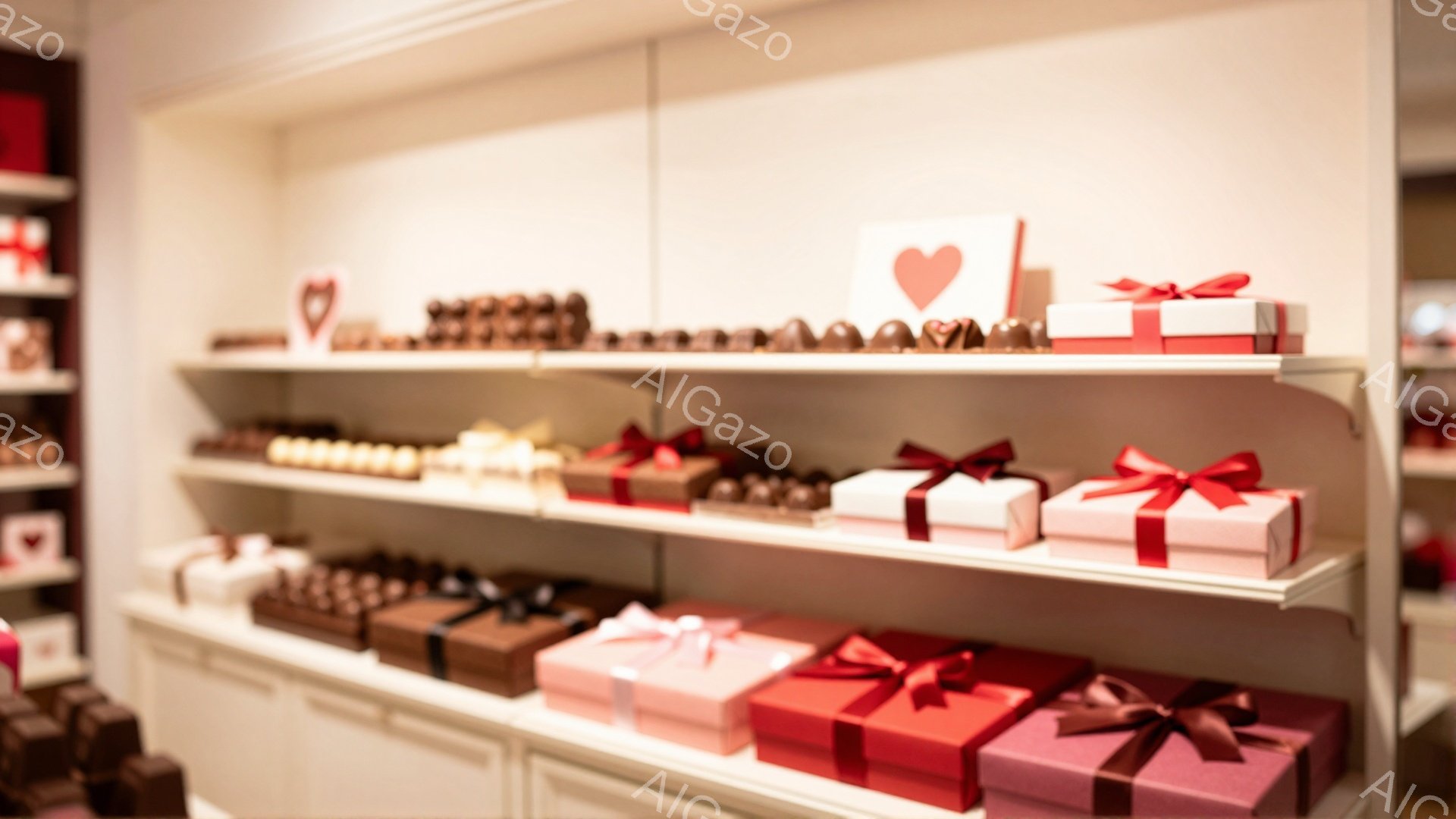 白い棚に、赤、ピンク、茶色のリボンで飾られたチョコレートのギフトボックスが整然と並べられています。背景は明るいクリーム色で、チョコレートのカラフルな包装が際立っています。全体的に、高級感があり、バレンタインデーや特別な機会にふさわしい雰囲気が漂っています。