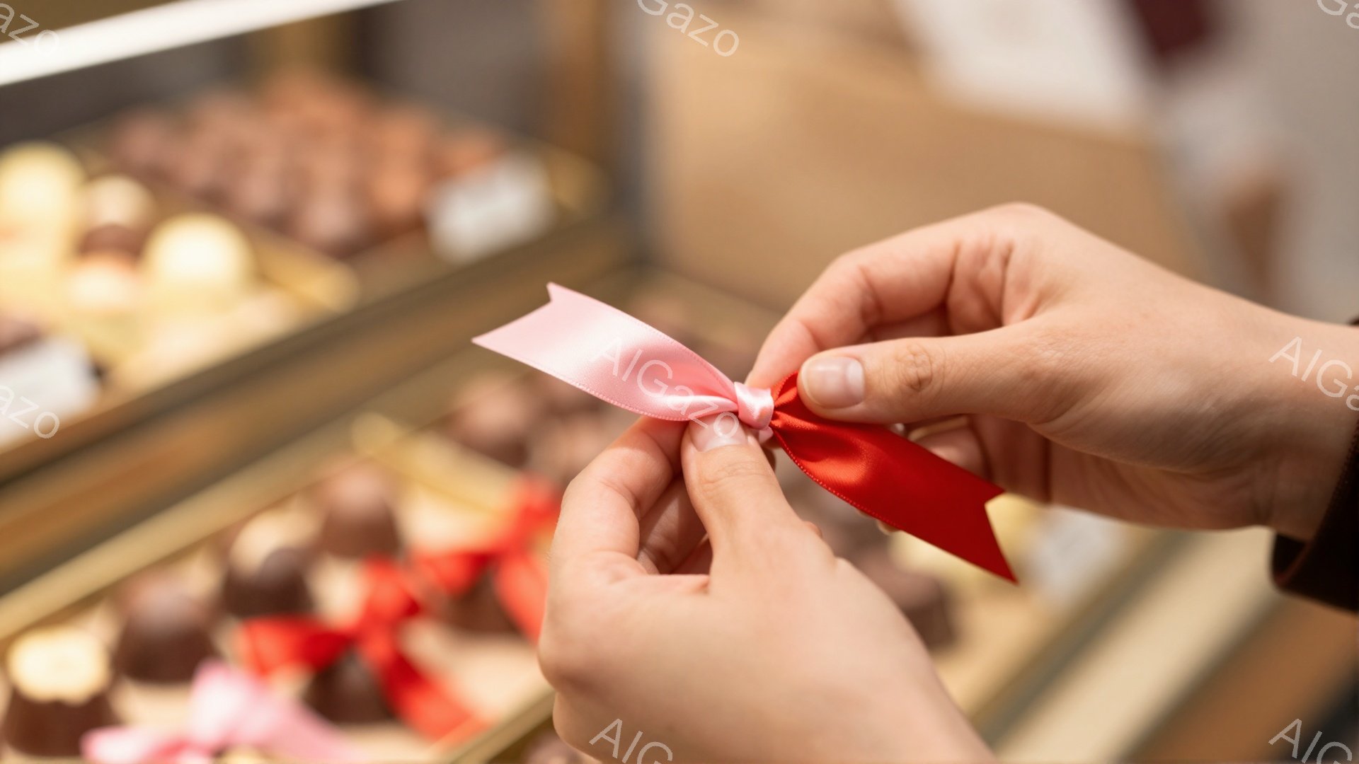 画像は、チョコレート店のショーケースの前で、赤いリボンを結んでいる人物の手を捉えています。リボンは鮮やかな赤とピンクのグラデーションで、手作業によるラッピングの準備段階と思われます。背景には様々な種類 - AI生成フリー素材