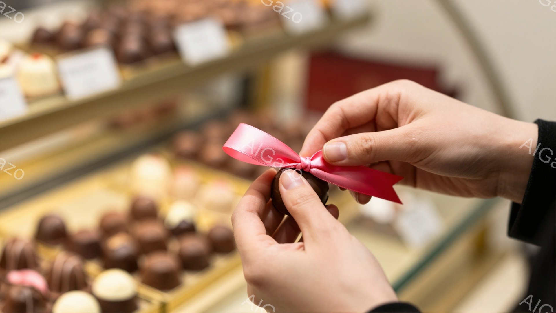 チョコレートをリボンで丁寧にラッピングしている手が写っています。背景には様々な種類のチョコレートが並んだショーケースが見え、高級感のある雰囲気です。手は黒い袖を着ており、チョコレートとリボンのコントラ - AI生成フリー素材