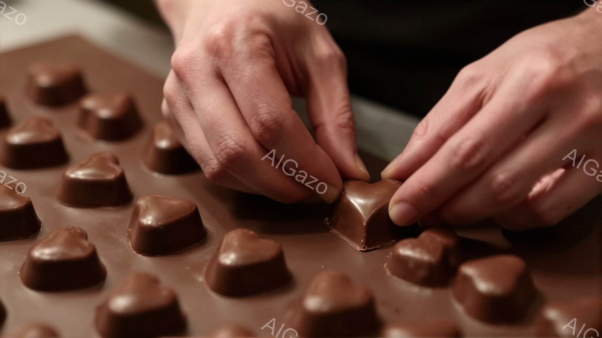 チョコレートの型に並んだハート型のチョコレートに、誰かの手がそっと触れようとしている様子が写っている。背景は暗く、チョコレートの茶色が際立っており、温かみのある雰囲気を醸し出している。作業者の服装は暗い色で、焦点はチョコレートそのものに当てられている。