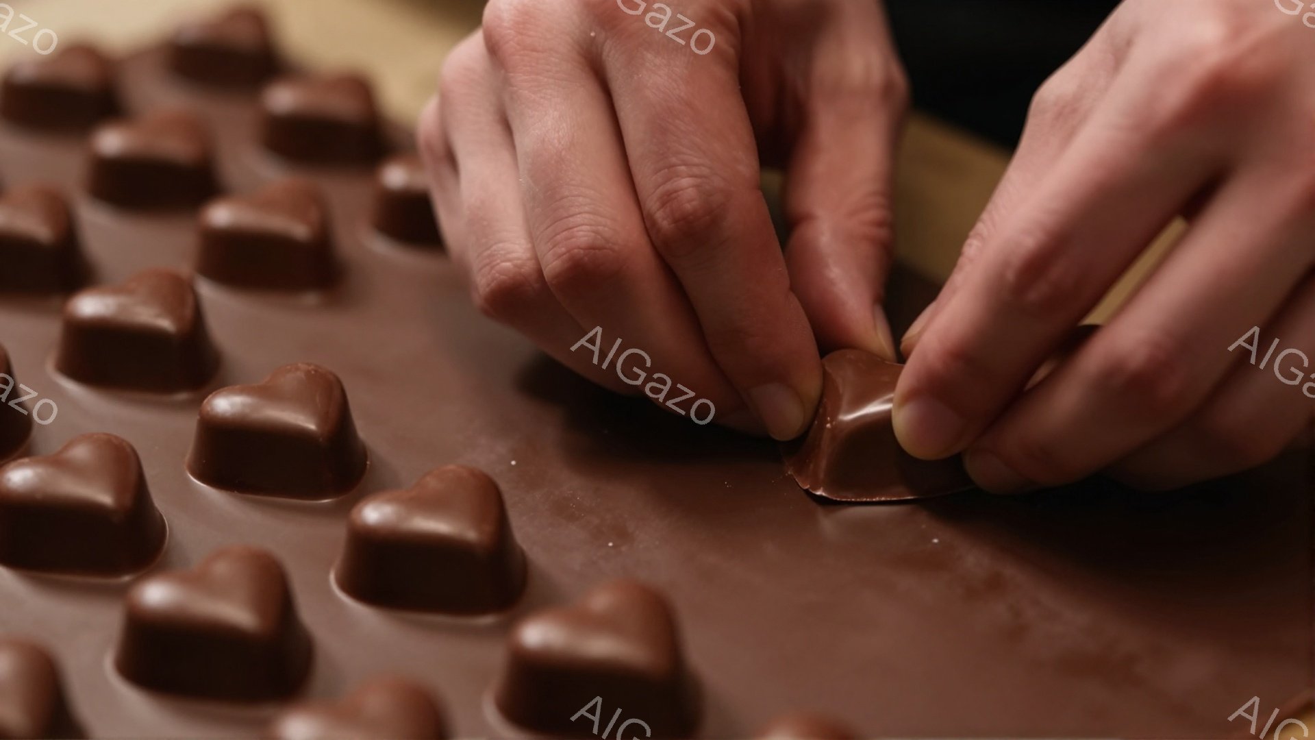 チョコレートの型に並んだハート型のチョコレートが多数写っている。誰かの手が一つチョコレートを丁寧に剥がそうとしている様子が捉えられており、背景は薄茶色で、チョコレート作りの現場であることがわかる。温か - AI生成フリー素材