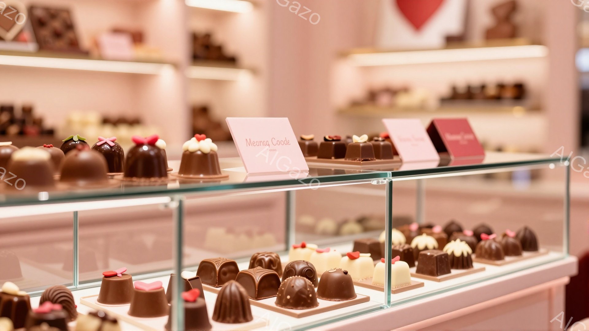 ショーケースには、様々なチョコレートが美しく並べられています。チョコレートは、茶色を基調とした多様な形をしており、一部には小さな赤いリボンが飾られています。背景は淡いピンク色で、全体的に上品で甘い雰囲 - AI生成フリー素材