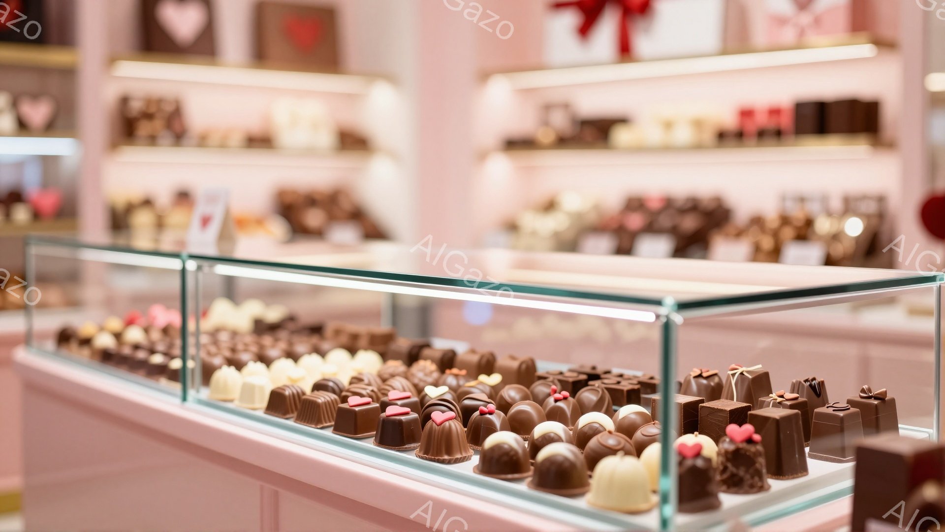 ショーケースには、様々なチョコレートが整然と並べられています。茶色、白、そして可愛らしいハート型のデコレーションが施されたチョコレートが目につきます。背景は淡いピンク色で、高級感と可愛らしさが同居した雰囲気です。