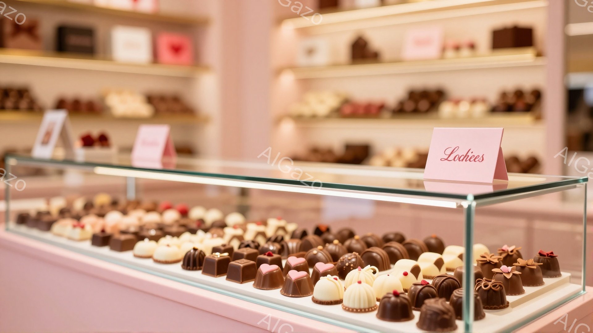 ショーケースには様々なチョコレートが整然と並べられています。ピンク色の背景とガラスケースが上品な雰囲気を醸し出し、チョコレートの美しさを際立たせています。手前に「Lochee」と書かれた小さなカードが置かれ、店の名前を示唆しています。