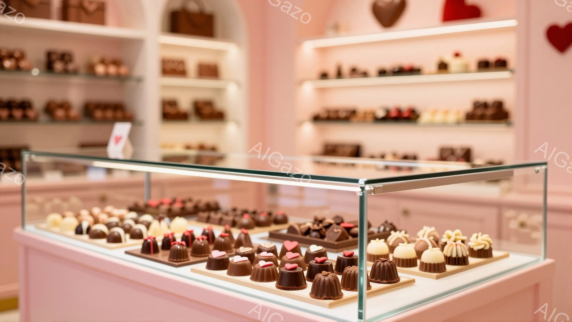 ピンク色の背景に、チョコレートが美しく陳列されたショーケースが写っている。チョコレートは様々な形と色をしており、ハート型やトリュフ、ケーキのようなものまで並んでいる。背景には、同じようなチョコレートが - AI生成フリー素材