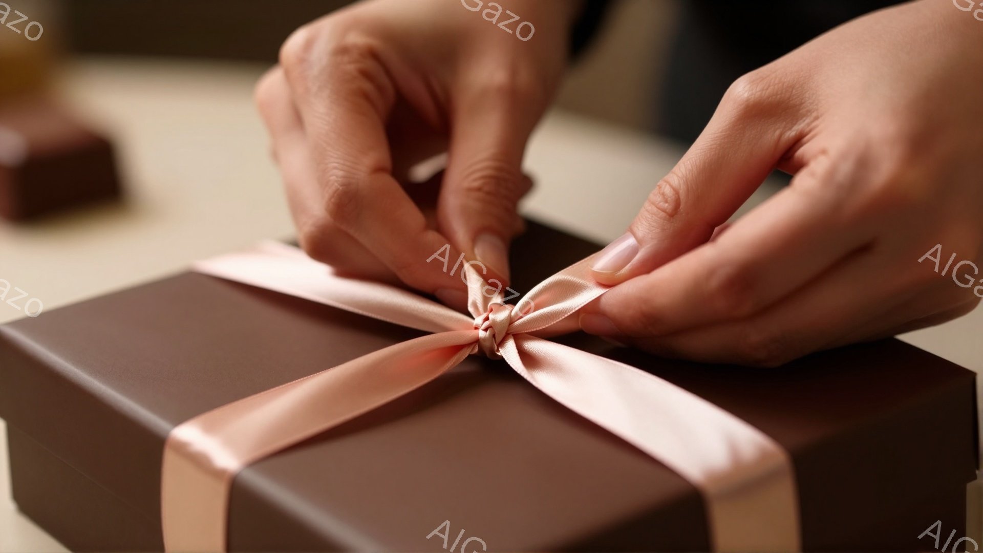 茶色の箱に薄いピンクのリボンを結んでいる手の写真です。指は丁寧にリボンを操り、結び目を整えています。背景はぼやけており、焦点はリボンと箱に当てられています。 - AI生成フリー素材