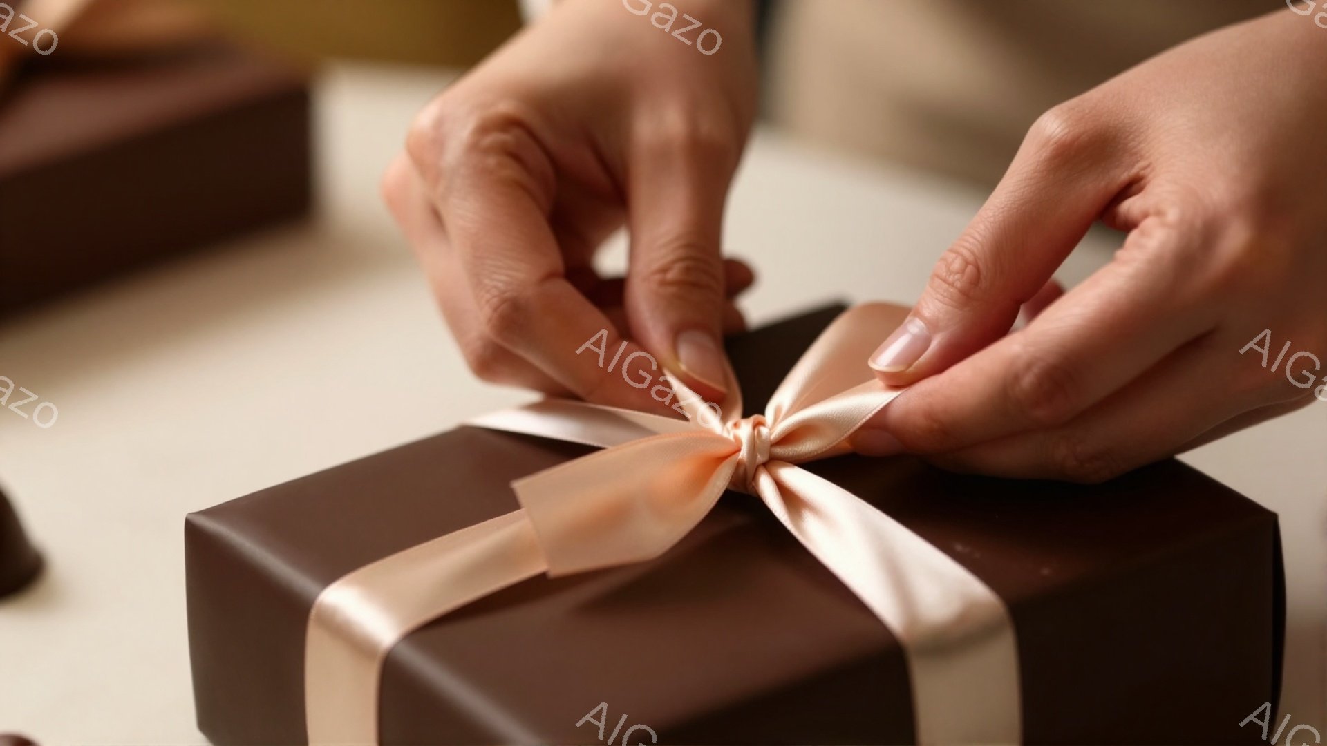 チョコレート色のギフトボックスに、ベージュ色のリボンを結ぶ女性の手が写っています。指先は丁寧にリボンを操り、結び目を整えています。背景には、ぼやけた別のギフトボックスが見え、温かく穏やかな雰囲気を醸し - AI生成フリー素材