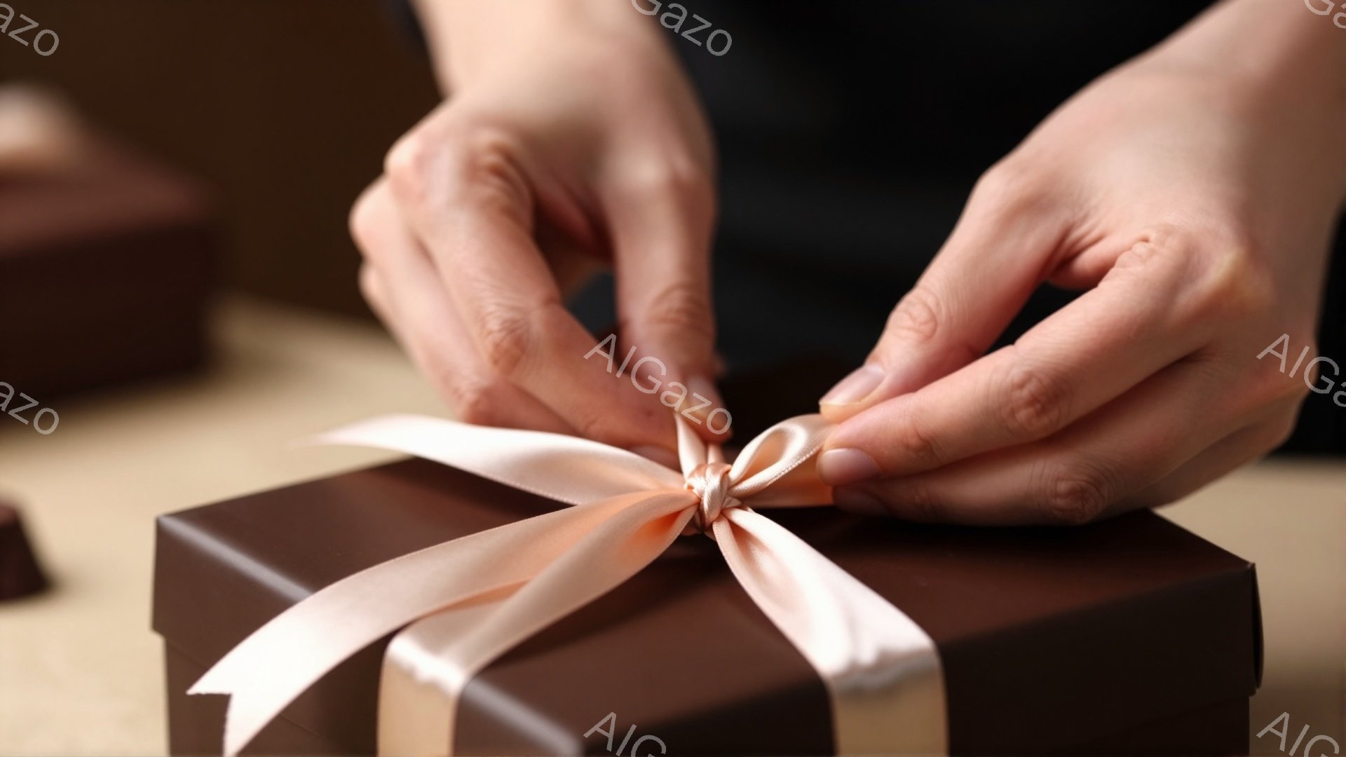 画像は、茶色のギフトボックスに薄いピンクのリボンを結んでいる女性の手を捉えています。彼女は黒い服を着ており、指先は丁寧にリボンを操っています。背景にはぼやけた茶色の箱が見え、全体的に温かく、落ち着いた - AI生成フリー素材