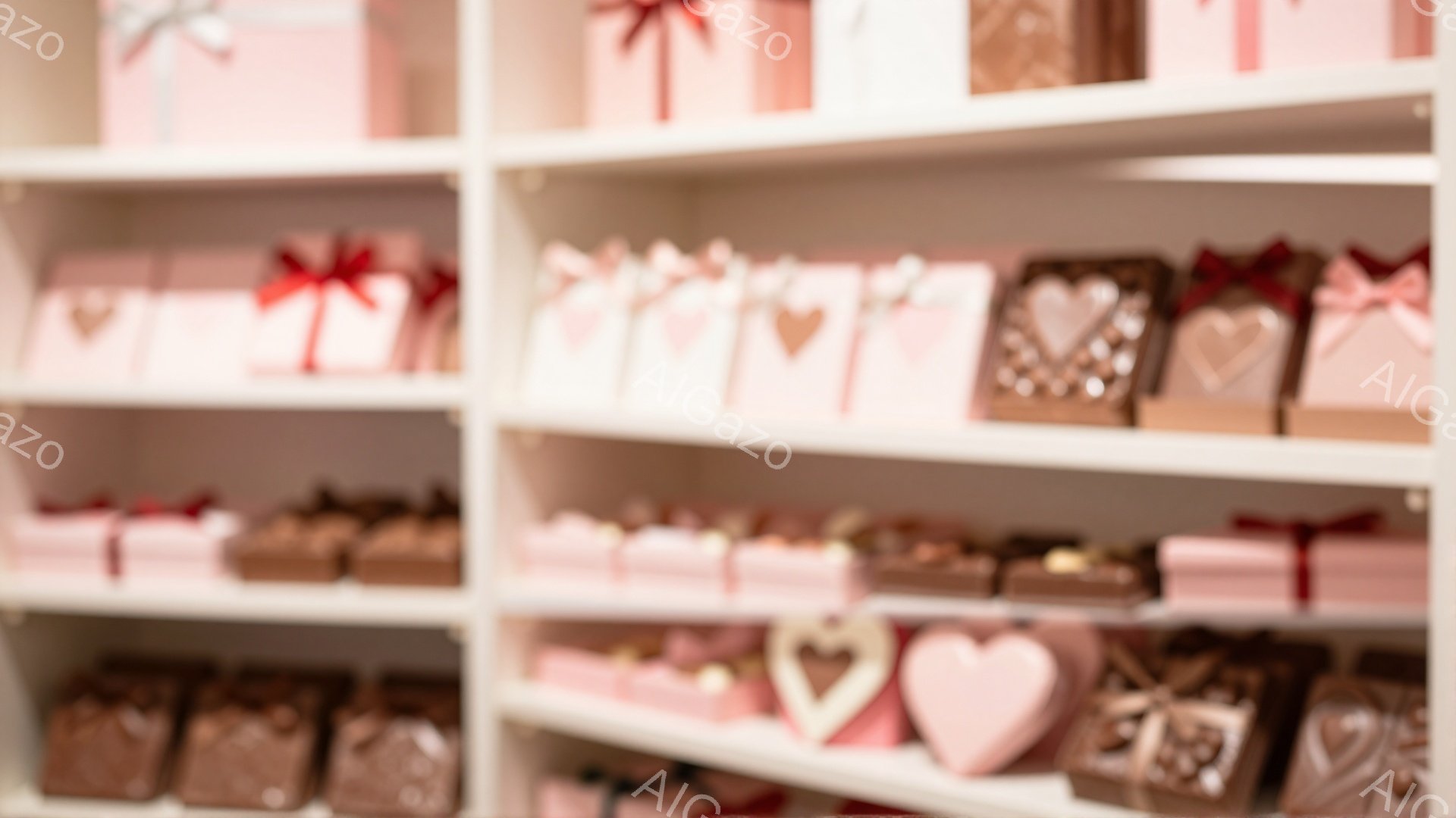 白い棚にピンクと茶色のギフトボックスが整然と並べられています。ピンクのギフトボックスには可愛らしいリボンやハートの装飾が施され、茶色のギフトボックスはチョコレートのような印象を与えます。全体的に甘く、 - AI生成フリー素材