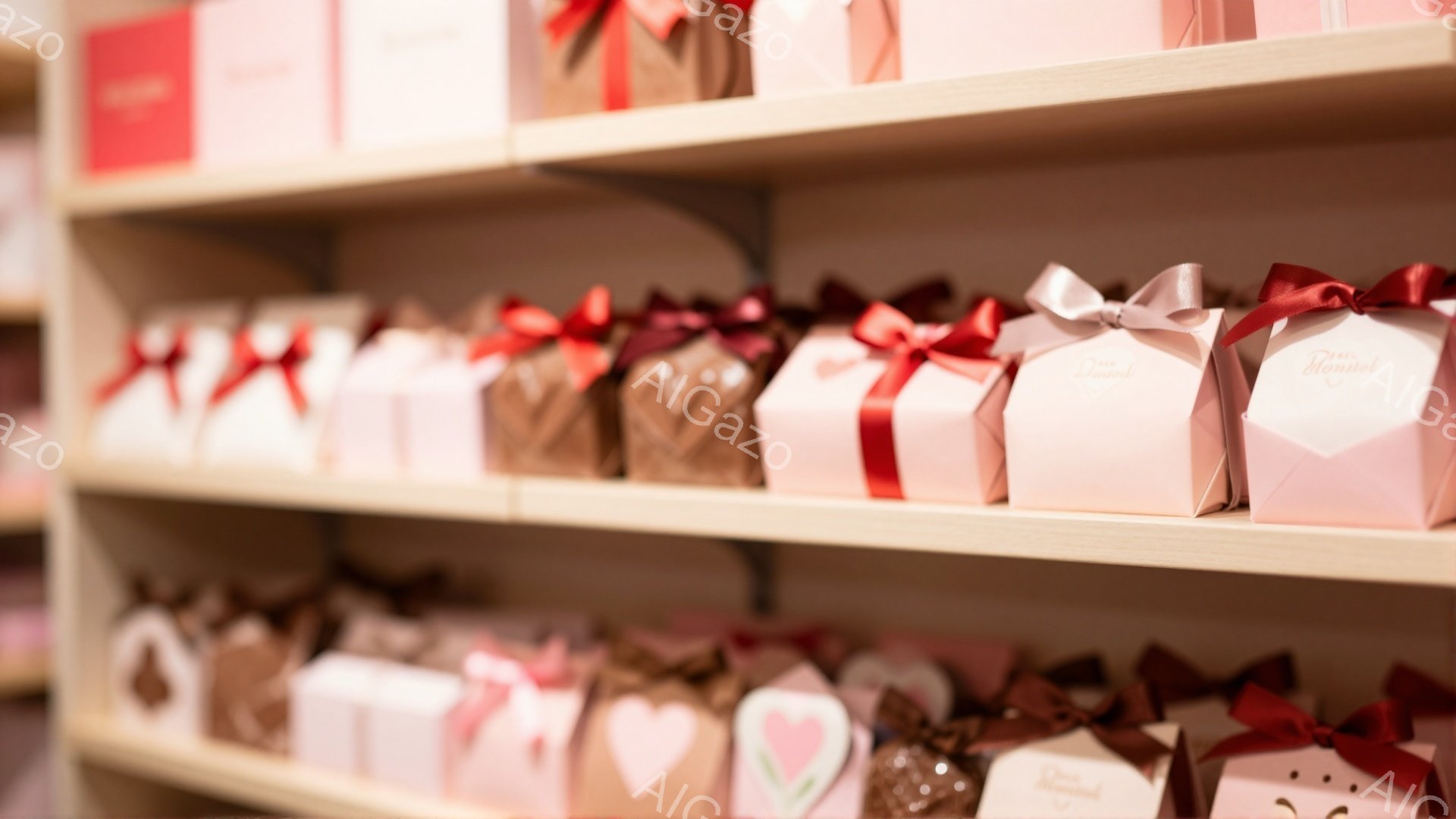 淡いピンクと茶色の小さなギフトボックスが棚に整然と並べられています。各ボックスには赤いリボンが結ばれており、いくつかの箱にはハート型の装飾が付いています。背景は白く、全体的に柔らかく、ロマンチックな雰囲気を醸し出しています。