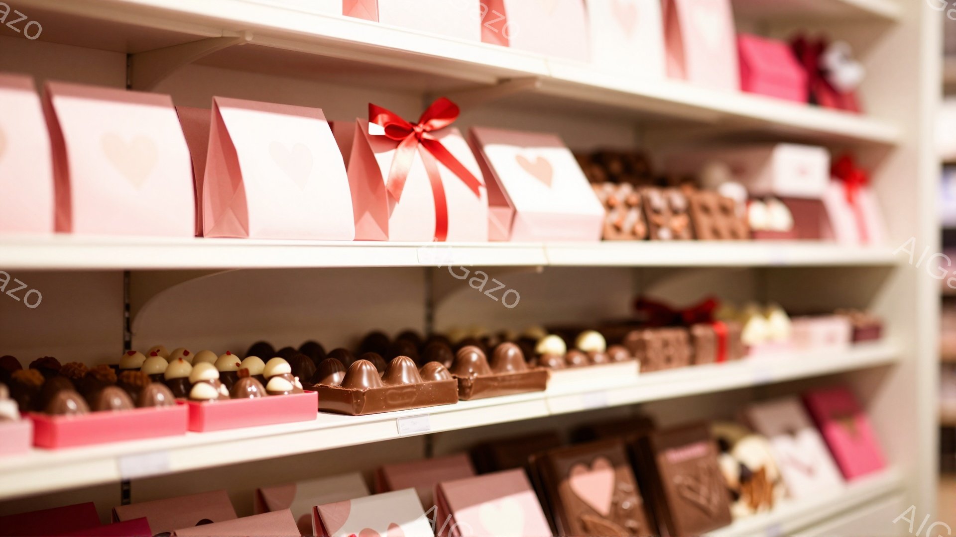 白い棚にチョコレートが整然と並べられています。ピンク色の包装紙に赤いリボンが結ばれたチョコレートや、透明なケースに入った様々な種類のチョコレートが、バレンタインデーを彷彿とさせる甘い雰囲気を醸し出しています。背景はぼやけており、チョコレートに焦点が当たっています。
