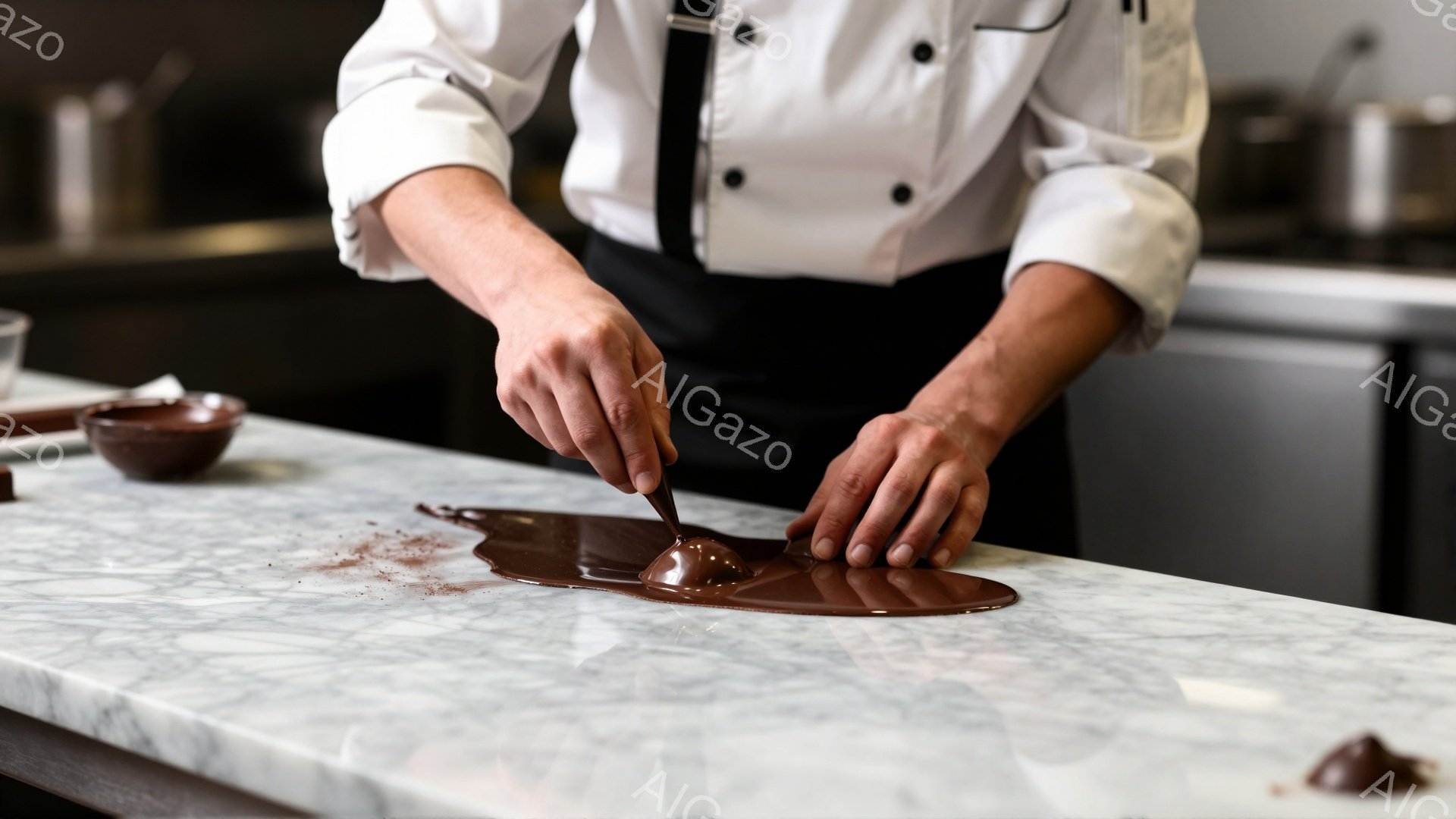 白い制服を着た人物が、大理石のようなカウンターの上でチョコレートをスプーンで形作っている様子が写っている。チョコレートはカウンター上に広がり、その周りにはココアパウダーがわずかに散らばっている。背景にはステンレス製の調理器具が見え、全体的に落ち着いた、洗練された雰囲気である。
