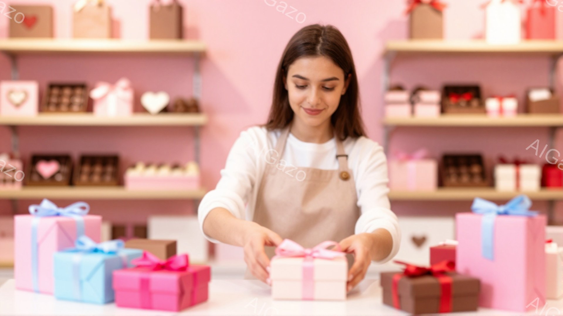 明るいピンク色の背景に、エプロンを着た女性がプレゼントのラッピングを行っています。彼女は長い茶色の髪をしており、優しく微笑んでいます。背景には、同じようなギフトボックスが棚に並べられており、お菓子屋またはギフトショップのような雰囲気です。