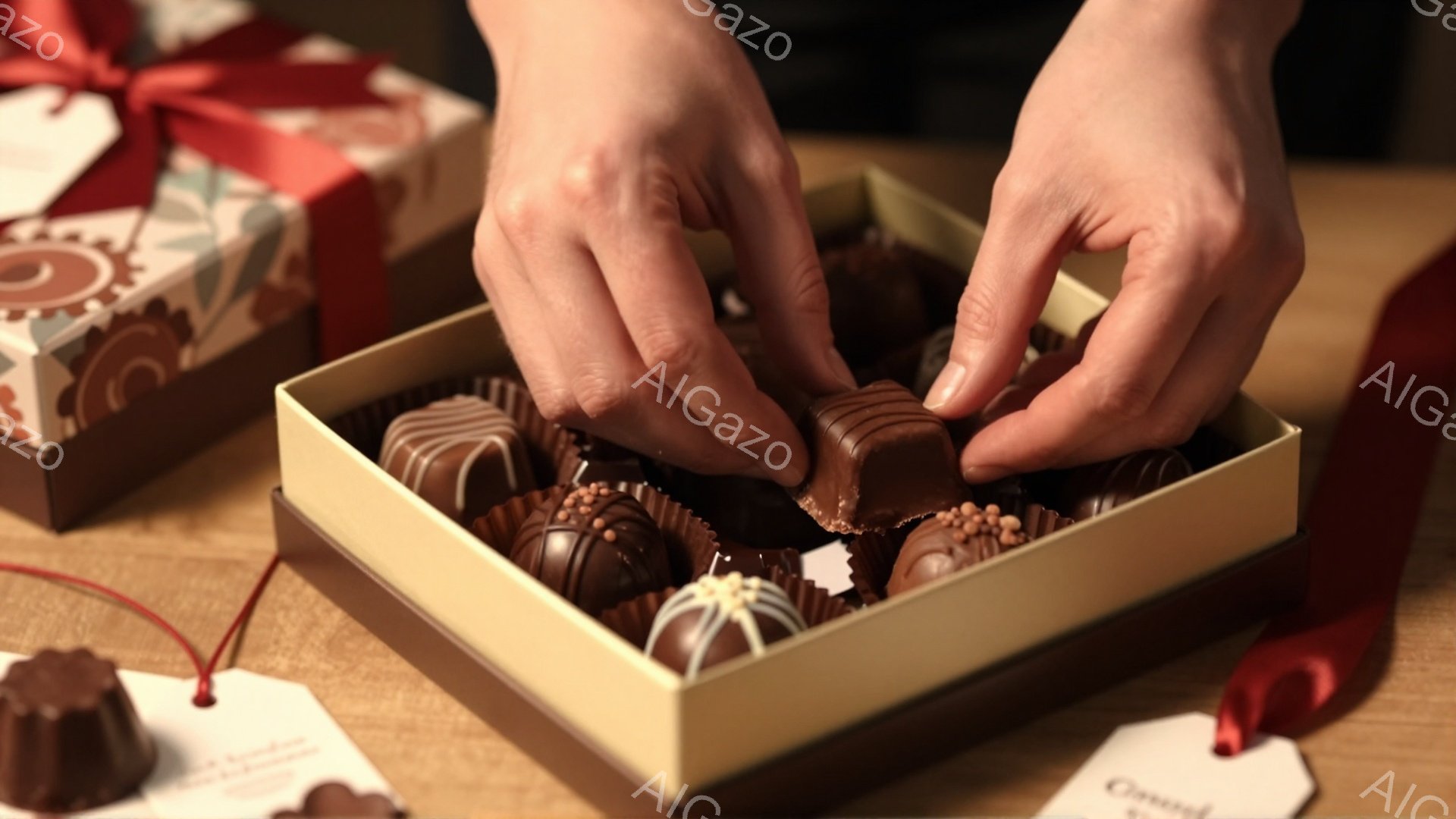チョコレートが並んだ箱から、手が一つチョコレートを手に取ろうとしている様子が写っています。箱の中には様々な色や模様のチョコレートがぎっしりと並んでおり、背景にはリボンやタグが付いた別のチョコレートの箱が見えます。全体的に暖かく、美味しそうな雰囲気が漂っています。