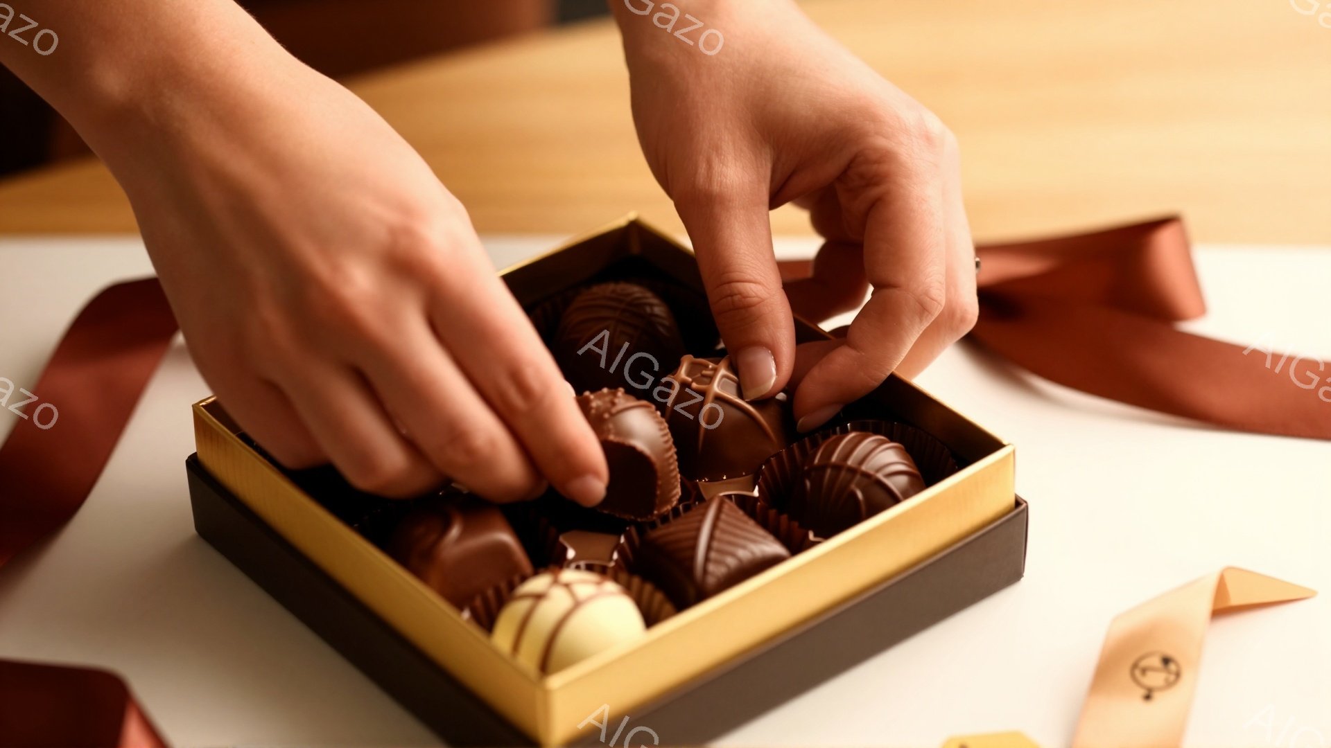 チョコレートが並んだ箱から、手が一つチョコレートをつまもうとしている様子が写っています。箱は濃い茶色と金色で縁取られており、赤いリボンが結ばれています。背景は白く、全体的に温かみのある、甘い雰囲気を醸し出しています。