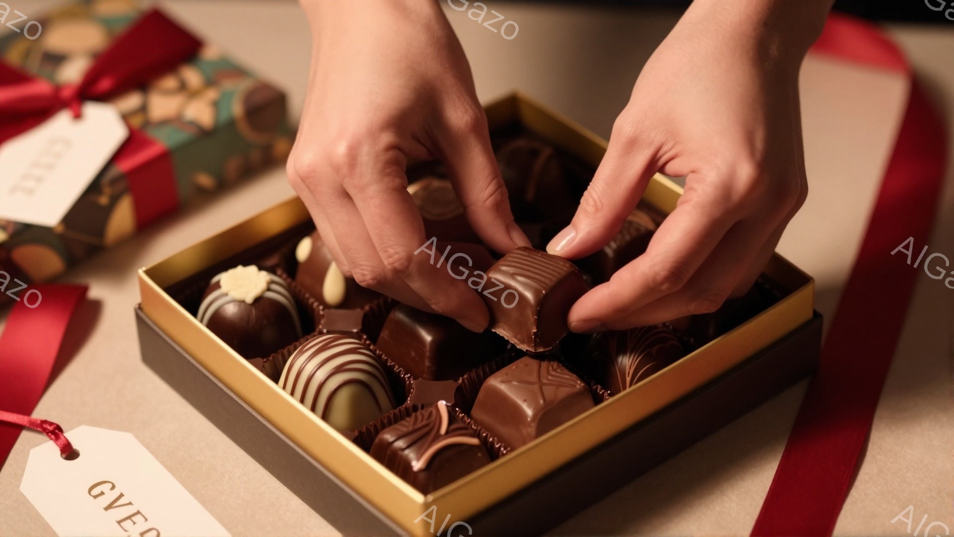 チョコレートが並んだ箱から、女性の手がひとつチョコレートを取り出そうとしている様子が写っている。箱は茶色で縁取りがあり、様々な種類のチョコレートが整然と並んでいる。背景にはラッピングされたプレゼントが見え、全体的に温かく、贅沢な雰囲気を醸し出している。