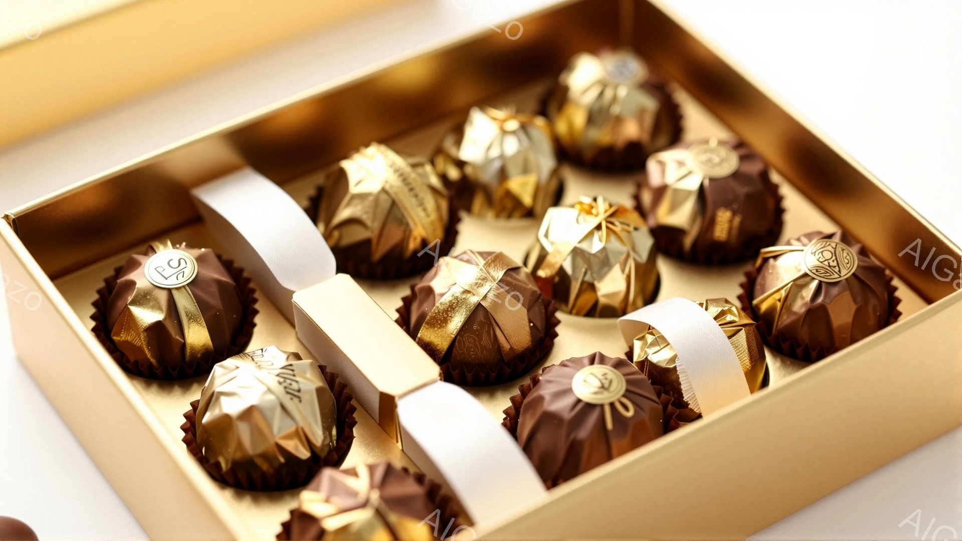 チョコレートが、金色の包装紙で美しく個別に包まれ、明るい金色の箱の中に整然と並んでいます。チョコレートは茶色と金色の色合いで、それぞれに白いリボンとロゴがついており、高級感と洗練された印象を与えます。全体的に暖かく、贅沢な雰囲気が漂っており、特別な機会やプレゼントに最適です。