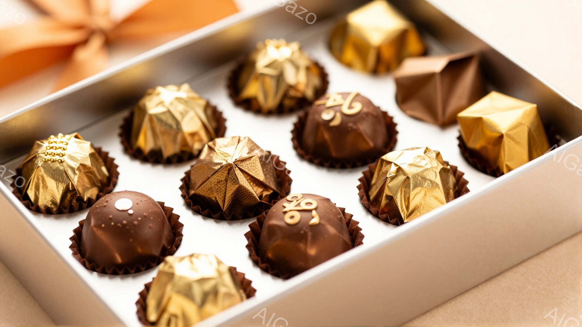 チョコレートが箱の中に整然と並べられています。チョコレートは様々な形と装飾が施されており、金色のラッピングペーパーで包まれています。箱は明るい色をしており、チョコレートの美しい色合いを際立たせています。