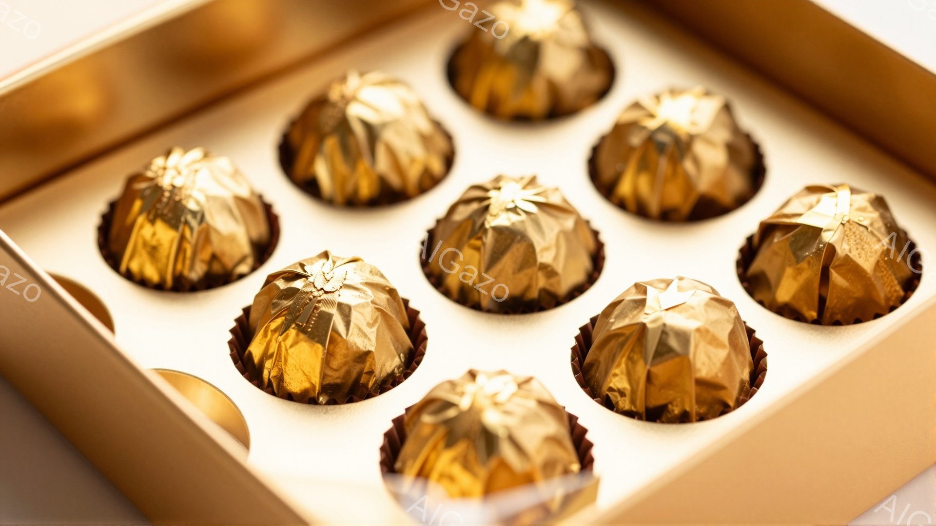 金色の包装紙で包まれたチョコレートが、茶色の紙製カップに入って、金色の箱の中に整然と並べられています。チョコレートは均一に丸みを帯びており、光沢があり、高級感と美味しさを感じさせます。箱とチョコレートの黄金色の組み合わせは、華やかで特別な日のギフトにふさわしい印象を与えます。