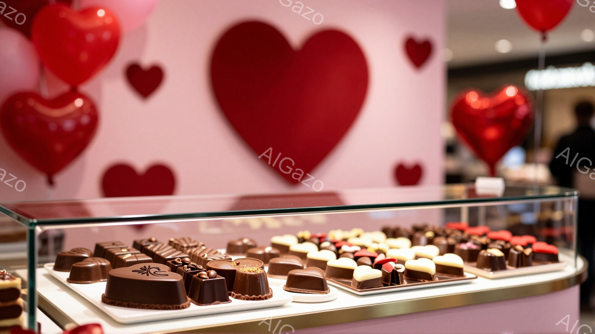 ショーケースには、様々な種類のチョコレートが整然と並べられています。背景は淡いピンク色で、たくさんの赤いハート型のバルーンが飾られており、バレンタインデーのようなロマンチックな雰囲気を醸し出しています - AI生成フリー素材