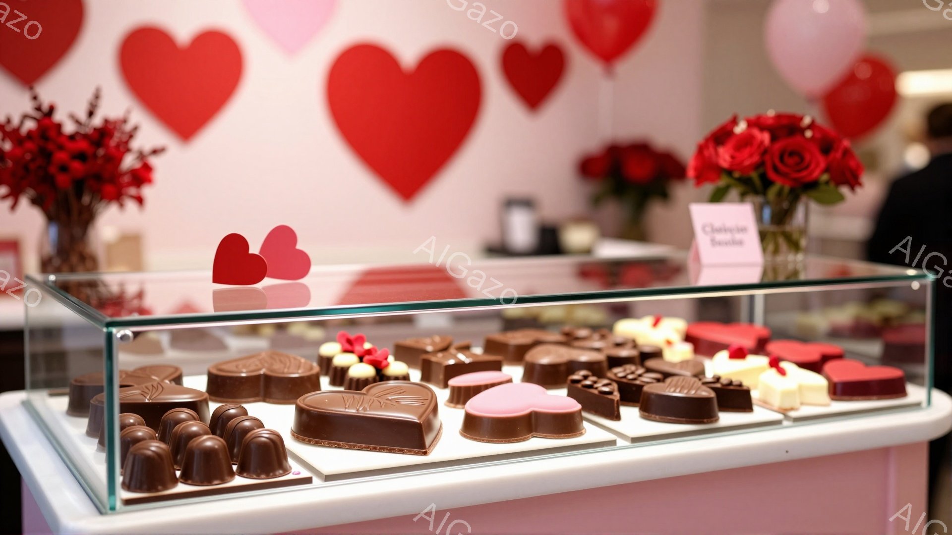 ショーケースには、様々な形のチョコレートが並べられています。背景には、ピンクと赤のハートのバルーンが飾られ、華やかな雰囲気を醸し出しています。赤バラの花瓶が飾られており、バレンタインデーや愛情を想起さ - AI生成フリー素材