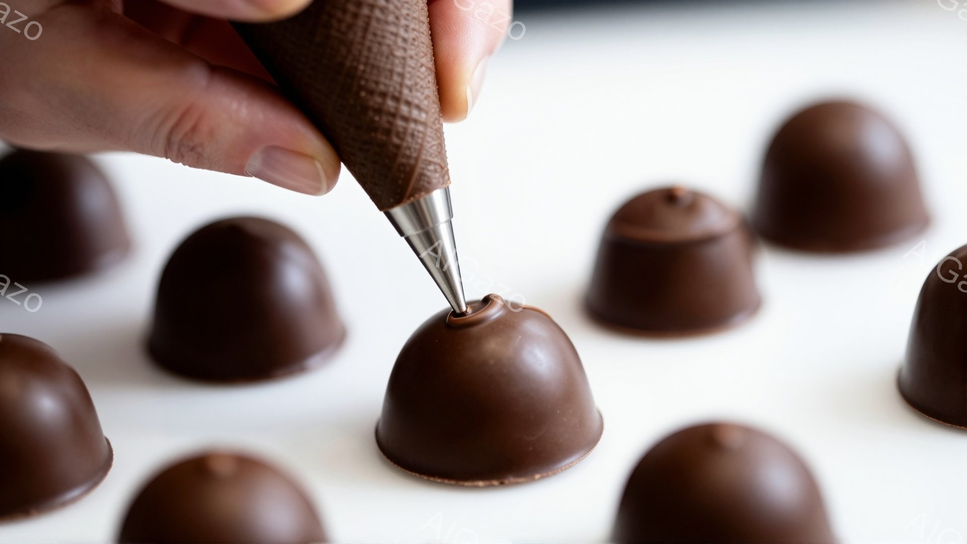 チョコレートでコーティングされた丸いお菓子が白い表面に並べられています。あるお菓子には、絞り袋からチョコレートが注入されている様子が捉えられており、製菓の過程を示唆しています。背景はぼやけており、チョ - AI生成フリー素材
