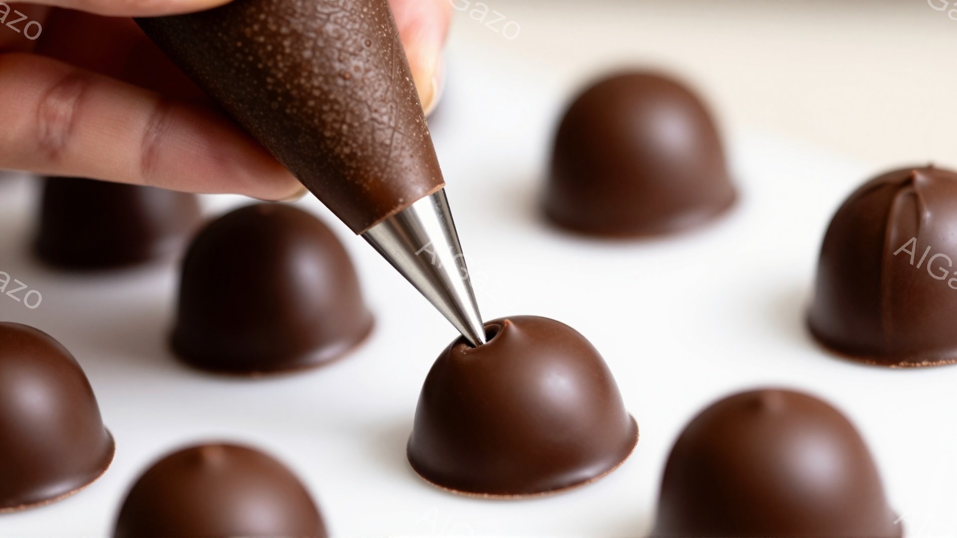 チョコレートでコーティングされた球状の菓子が白い背景に並べられています。手は、絞り袋から小さなチョコレートの渦を、まだ完成していない菓子の中心に慎重に絞り出しています。温かみのある色合いと丁寧な作業か - AI生成フリー素材