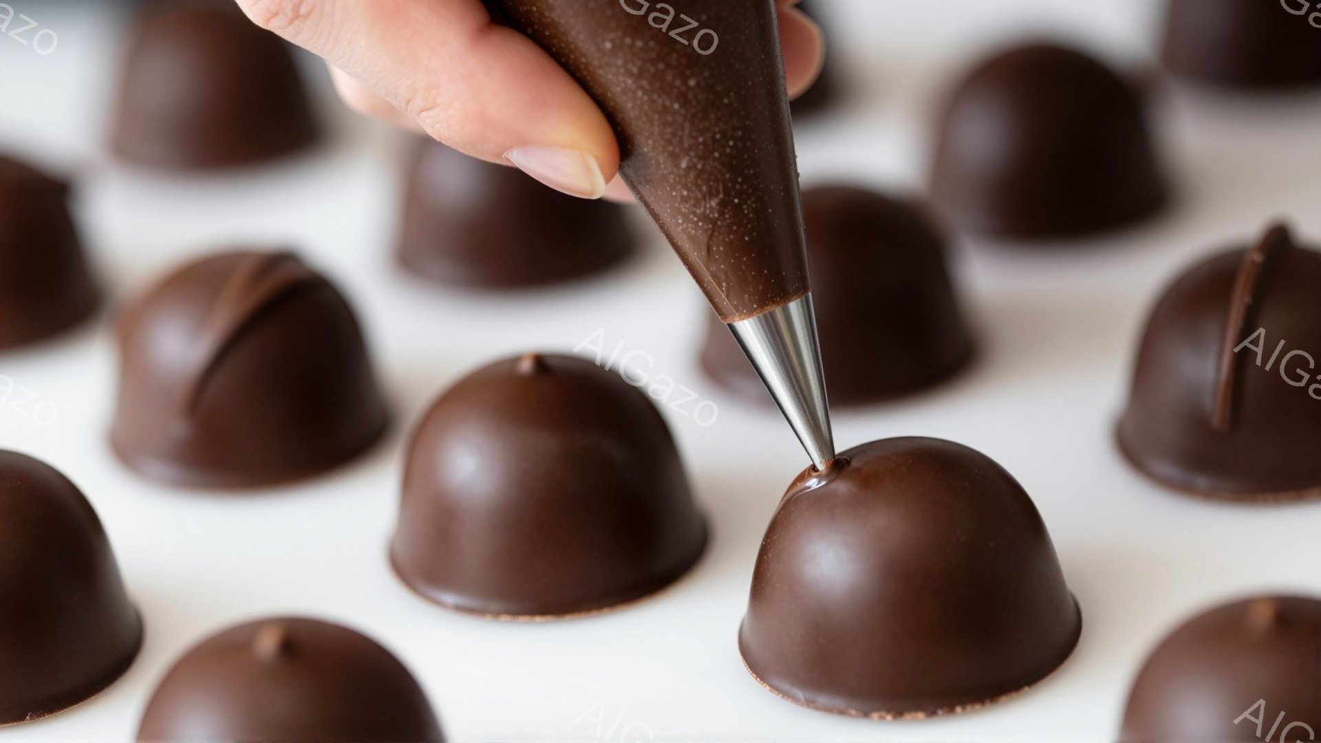 チョコレートでコーティングされた球状の菓子が白いトレイの上に整然と並べられており、その一つに、濃いチョコレートを詰めるための金属製の先端を持つ絞り袋が近づいています。絞り袋を持つ手は、肌色が明るく、指輪は着けられていません。全体的に、プロのパティシエが繊細なチョコレート菓子を作る過程を捉えた、暖かく食欲をそそる雰囲気です。