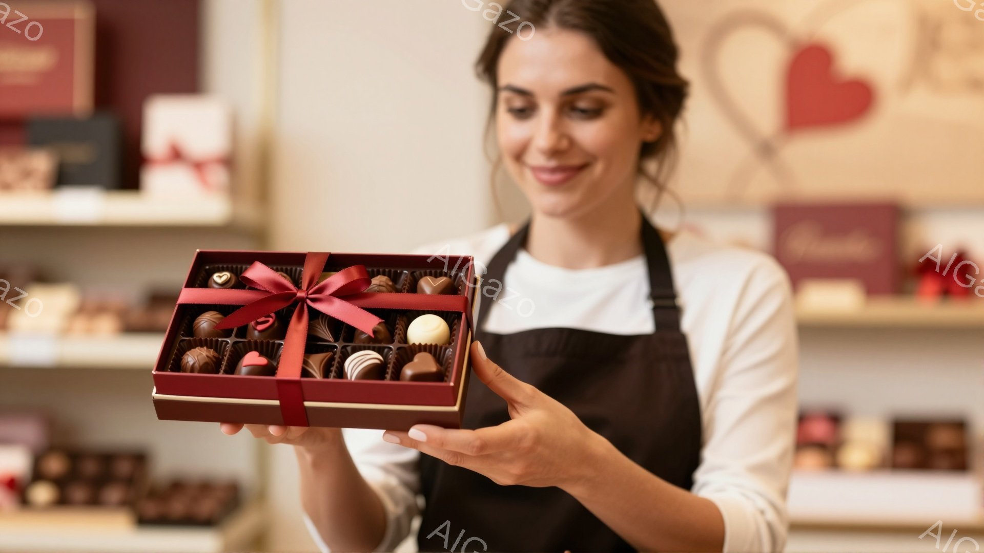 茶髪の女性がチョコレートの箱を両手で掲げています。彼女は白いシャツと黒いエプロンを着ており、微笑んでいます。背景にはチョコレートが並んだ棚があり、お店の内部であることが分かります。 - AI生成フリー素材