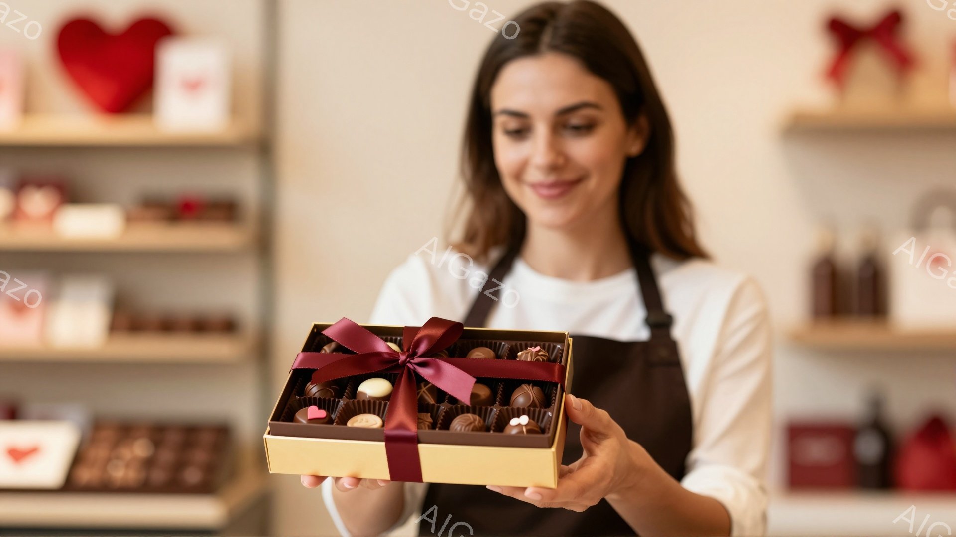 明るい表情の女性が、茶色のリボンで飾られたチョコレートの箱を両手で差し出している。彼女は白い長袖シャツと黒いエプロンを着ており、髪は肩までの長さでゆるやかにカールしている。背景にはチョコレートが並んだ - AI生成フリー素材