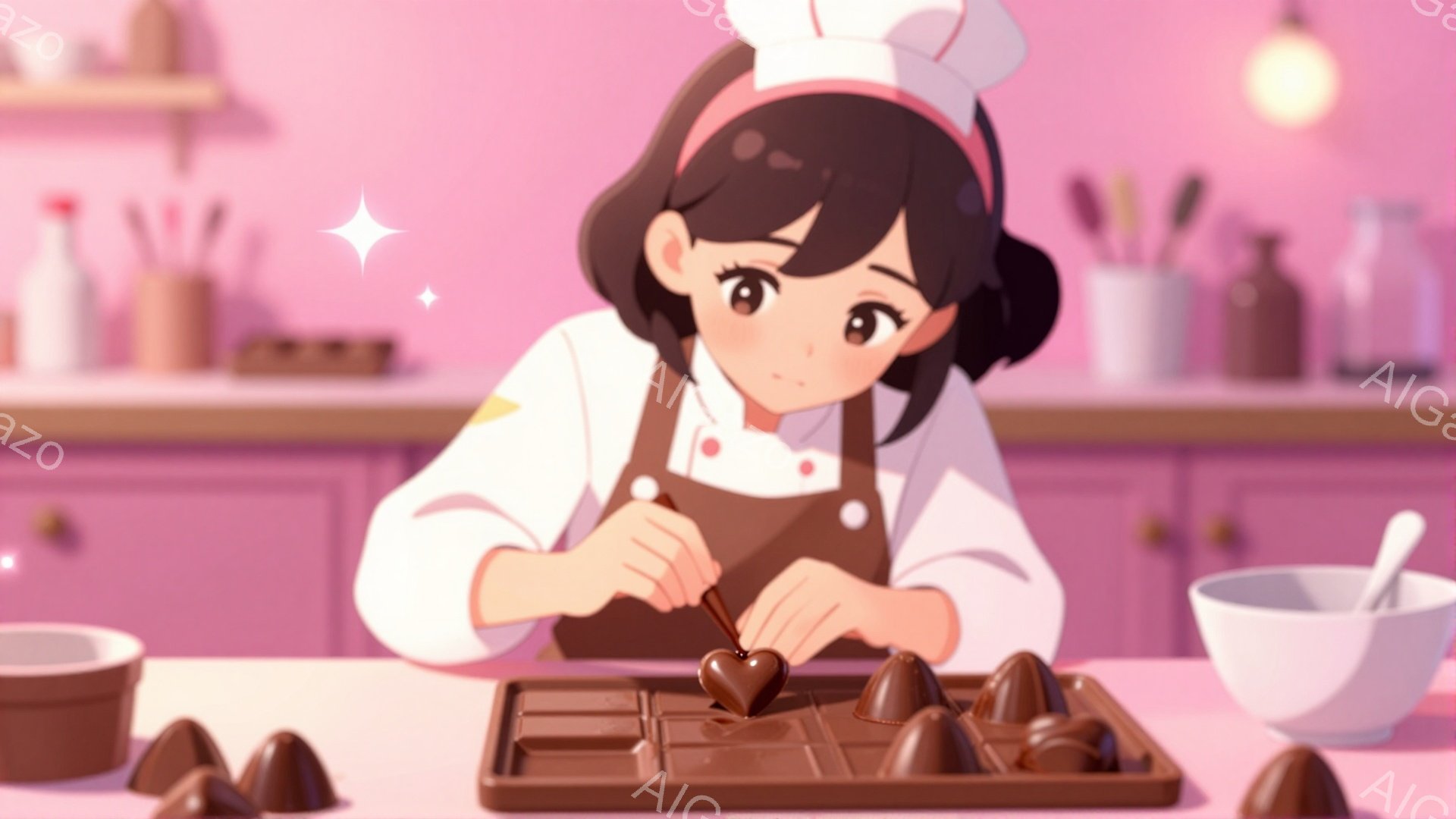 黒髪で前髪を少しカールさせた少女が、コック帽とエプロンを身につけてチョコレートを作っています。彼女は熱心な表情で、トレイに並んだチョコレートにデコレーションを施しており、姿勢は少し前かがみです。背景は - AI生成フリー素材