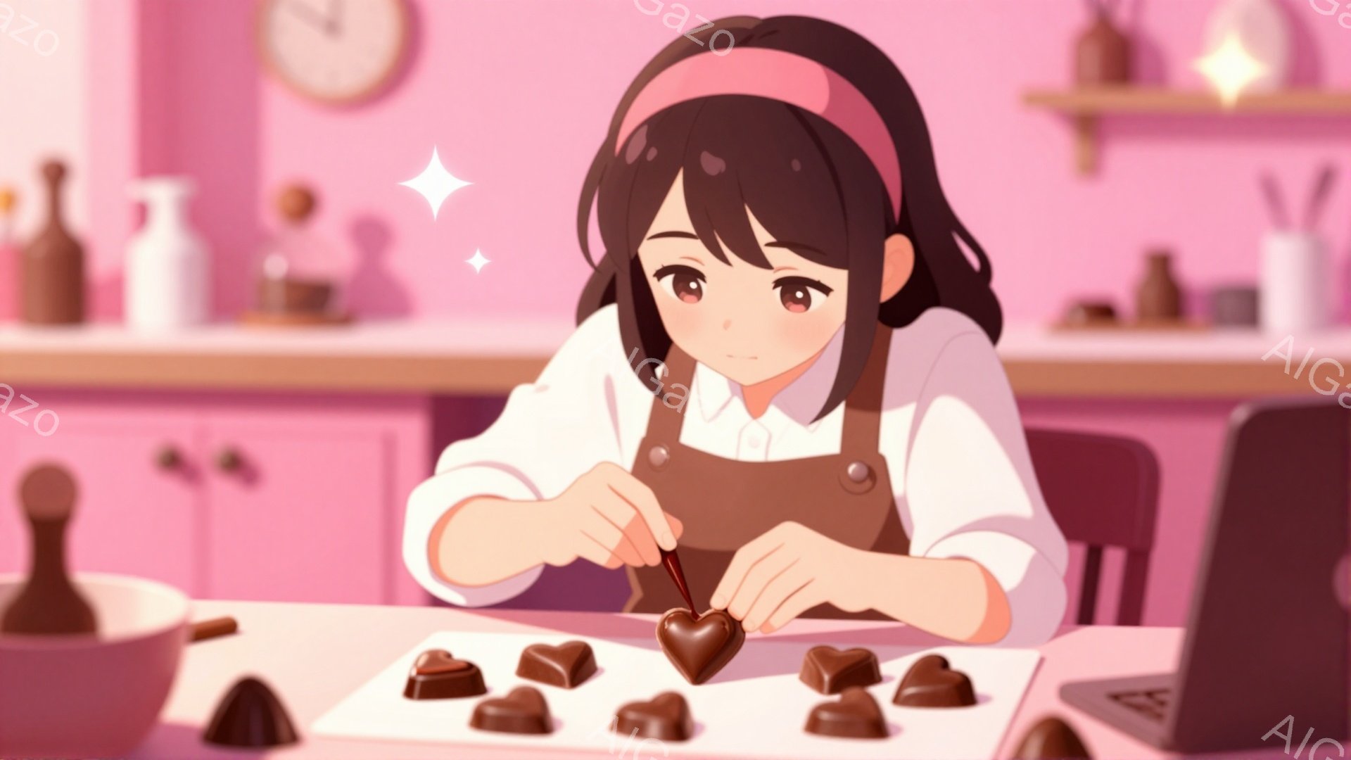 黒髪の少女がチョコレートを作っている様子が描かれています。彼女は白いシャツに茶色のエプロンを着用し、髪をバンドでまとめています。背景にはキッチンらしき場所があり、様々な道具やチョコレートが並び、温かく - AI生成フリー素材