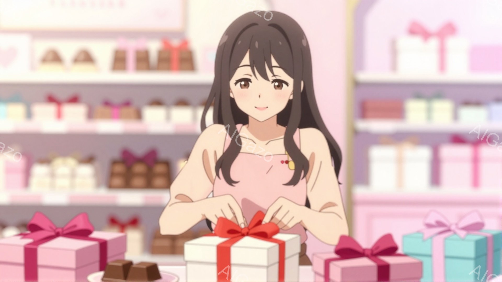 明るいピンク色の背景に、茶髪で長い髪を肩から下まで伸ばした女性が描かれています。彼女は薄いピンク色の服を着ており、赤いリボンで包装されたギフトボックスに手を伸ばしています。ギフトボックスはカウンター上 - AI生成フリー素材