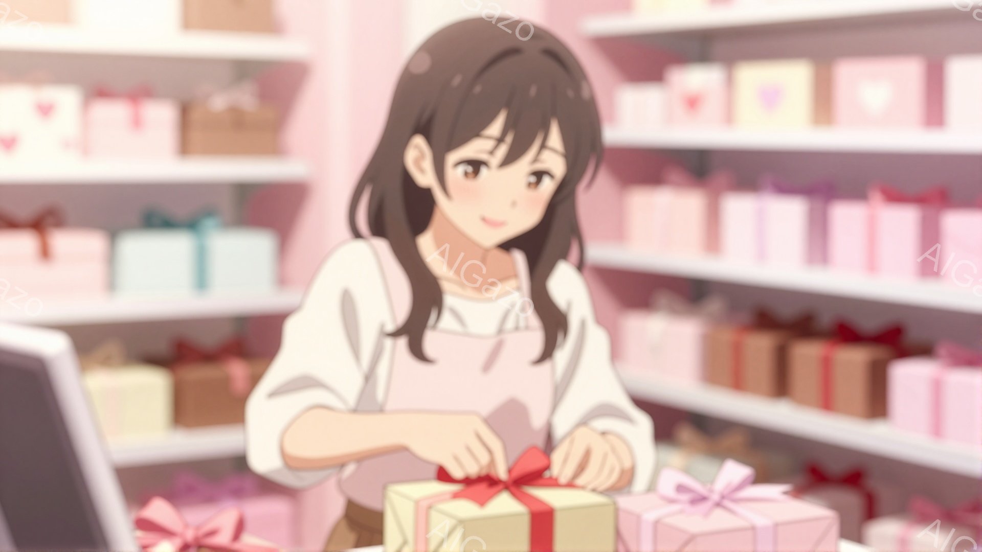 明るい茶髪の女性が、薄桃色のエプロンを付け、クリーム色のブラウスを着ています。彼女は小さなギフトボックスに赤いリボンを結ぶ作業に集中しており、笑顔で少し前かがみの姿勢です。背景には、同じようなギフトボ - AI生成フリー素材