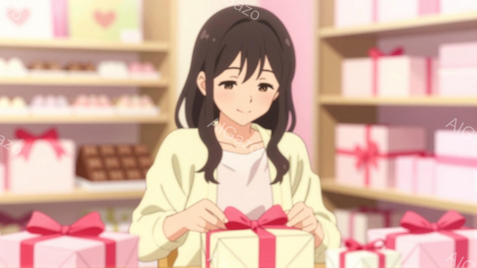 黒髪で前髪が少し長めの女性が、ピンクのリボンで飾られたギフトボックスを両手で抱えています。彼女はベージュ色のカーディガンと白いインナーを着ており、穏やかな笑顔を浮かべています。背景には、同じようなギフ - AI生成フリー素材